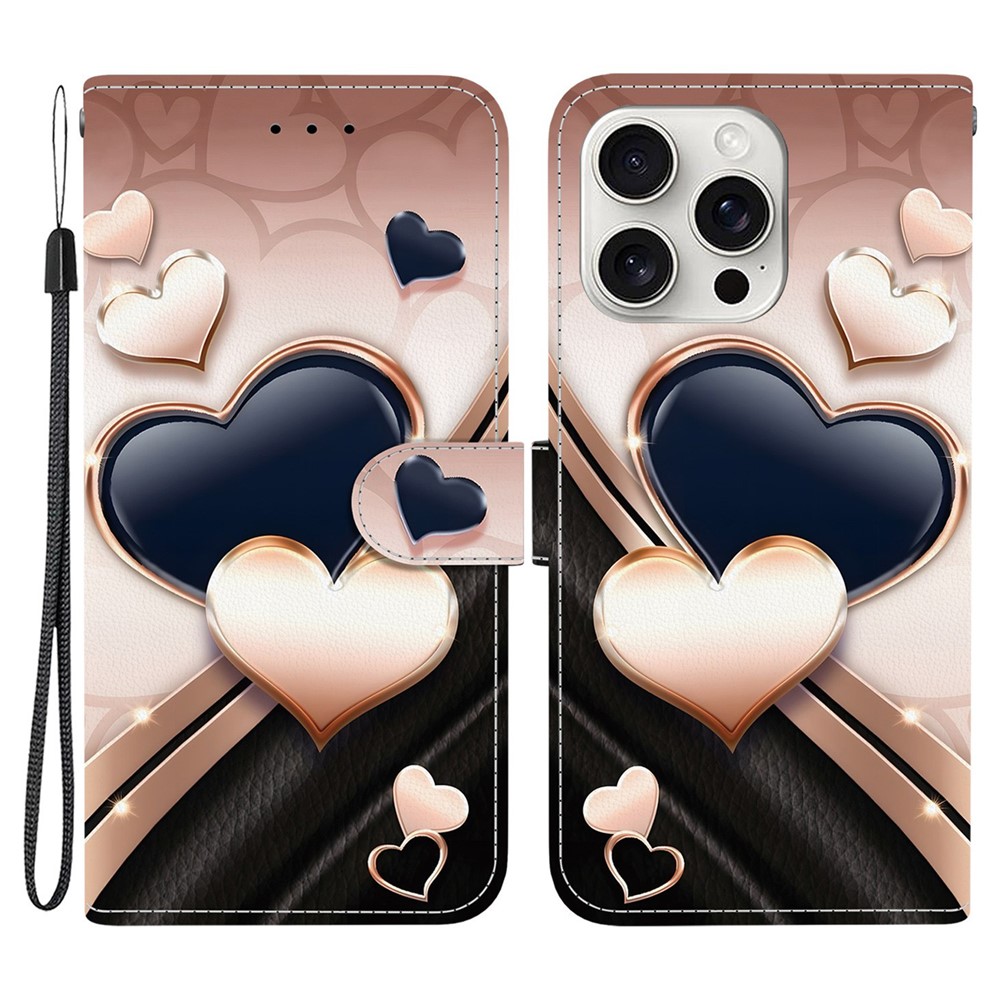 For iPhone 16 Pro Max Leather Case Stand Wallet Pattern Printing Phone Cover with Wrist Strap - Love