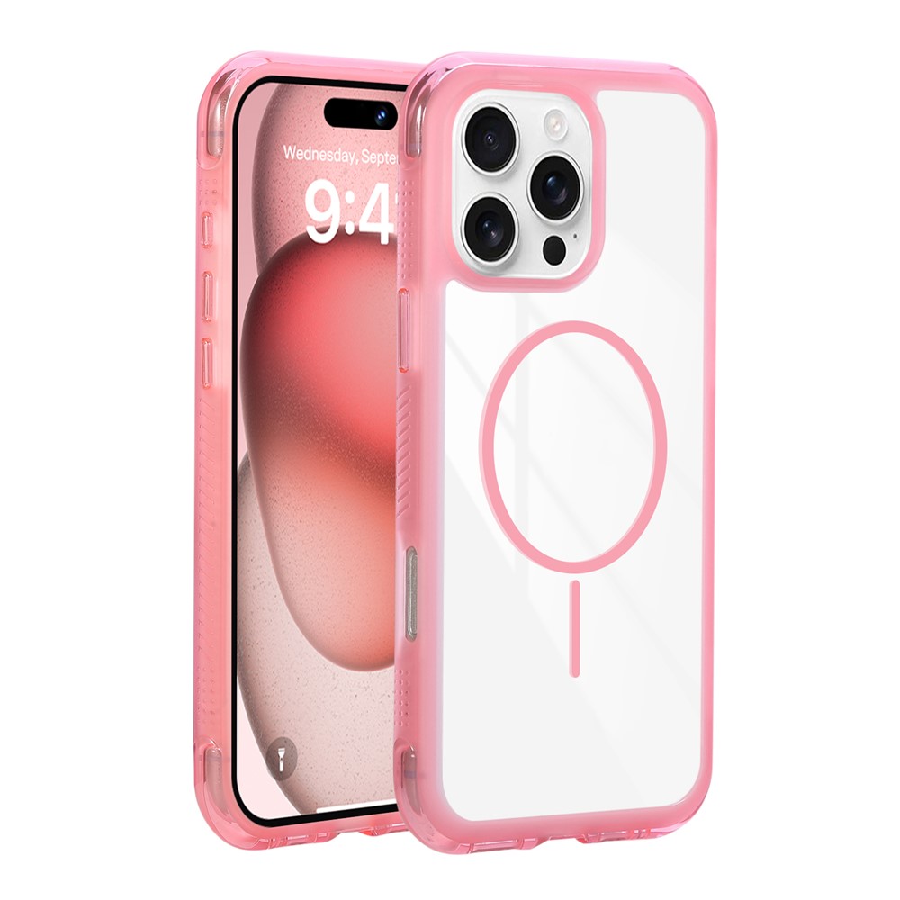 For iPhone 16 Pro Max Magnetic Case TPU + PC Crystal Clear Phone Cover - Pink