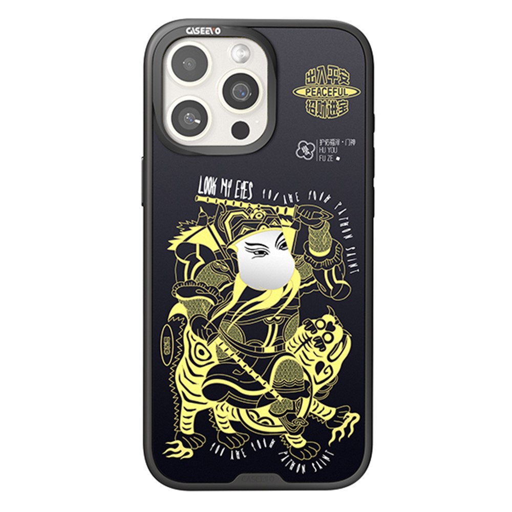 CASEEVO For iPhone 16 Pro Max Case with Detachable Door-god Backplate TPU Acrylic Phone Cover Compatible with MagSafe - Black Gold Yuchi Gong