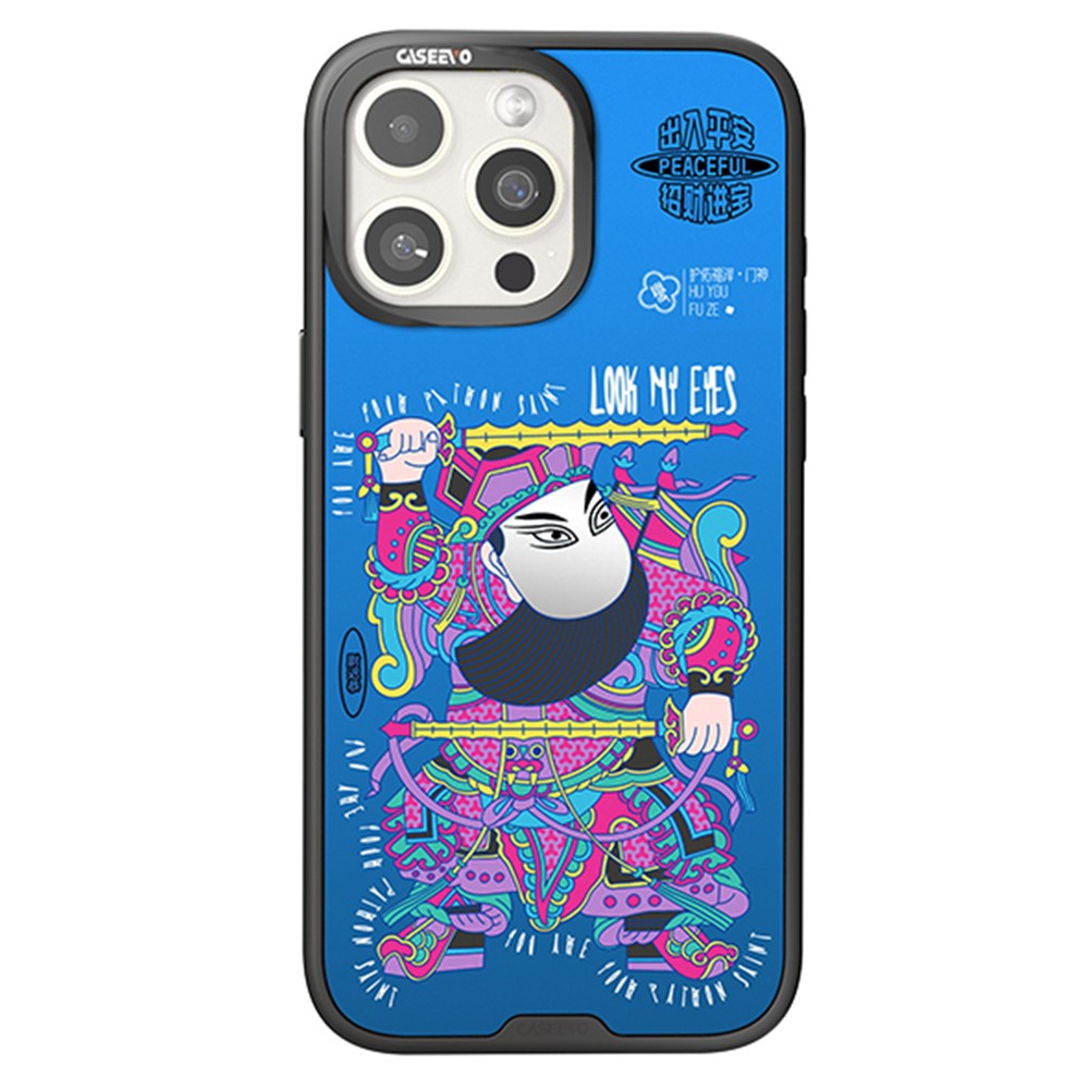 CASEEVO For iPhone 14 Pro Case with Detachable Door-god Backplate TPU Acrylic Phone Cover Compatible with MagSafe - Blue Gold Yuchi Gong