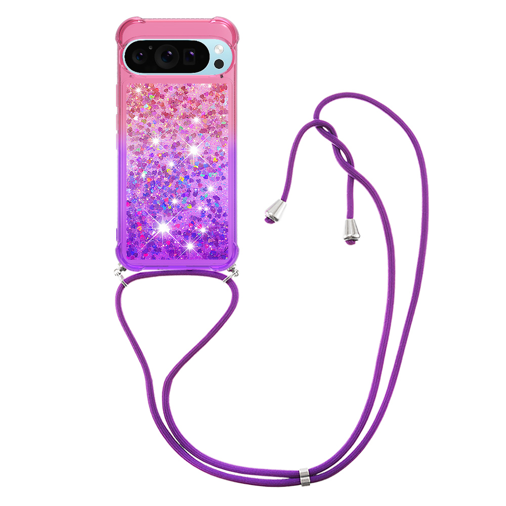 For Google Pixel 10 Pro / Google Pixel 10 Phone Case Gradient Quicksand TPU Back Cover with Long Strap - Pink/Purple