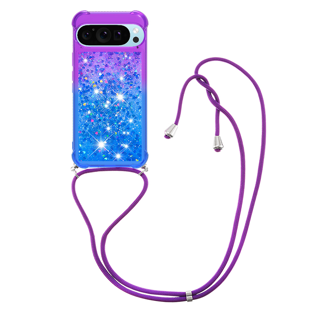 For Google Pixel 10 Pro / Google Pixel 10 Phone Case Gradient Quicksand TPU Back Cover with Long Strap - Purple/Blue