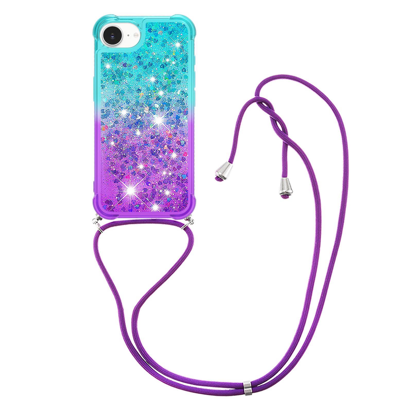 For iPhone 16e Phone Case Gradient Quicksand TPU Back Cover with Long Strap - Sky Blue/Purple