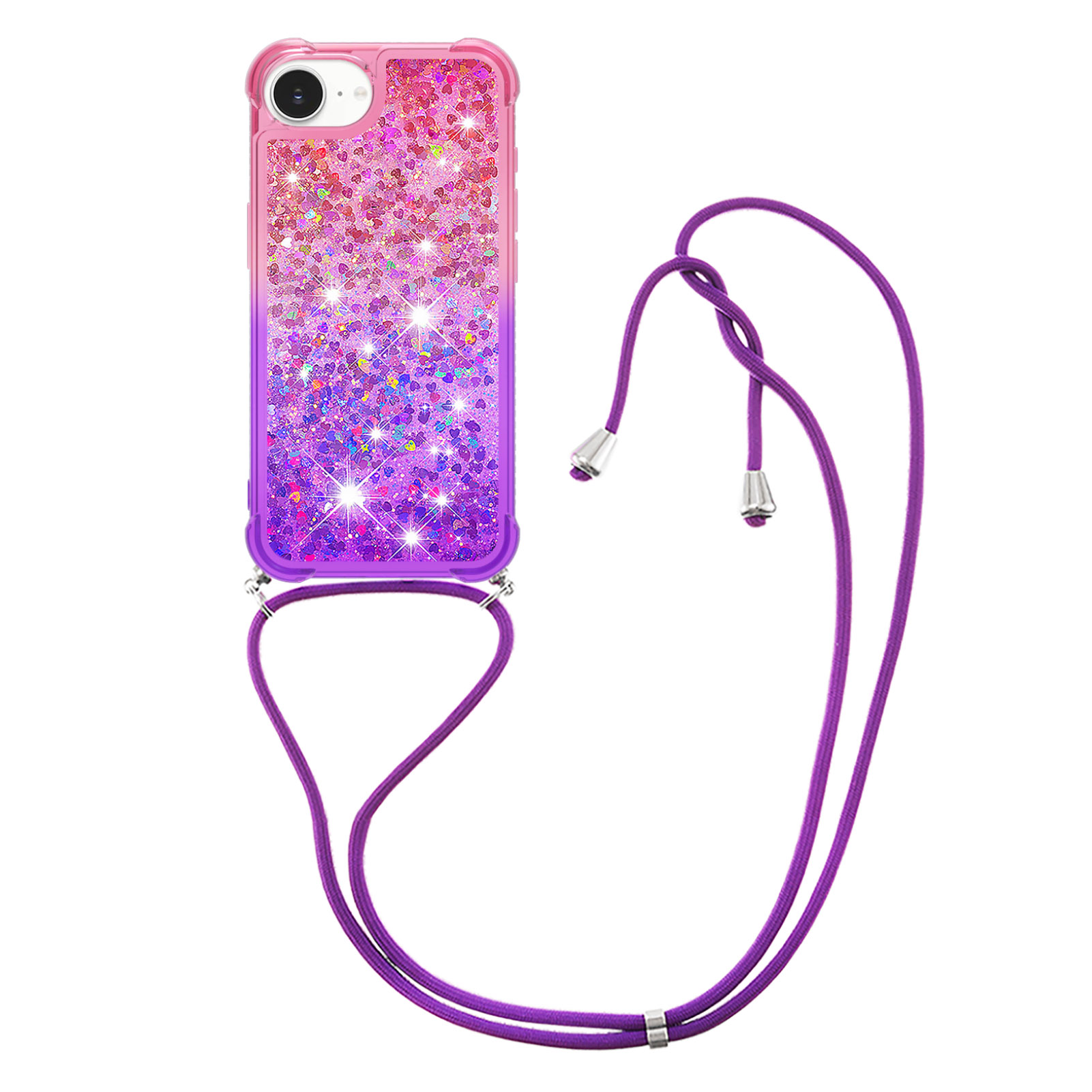 For iPhone 16e Phone Case Gradient Quicksand TPU Back Cover with Long Strap - Pink/Purple