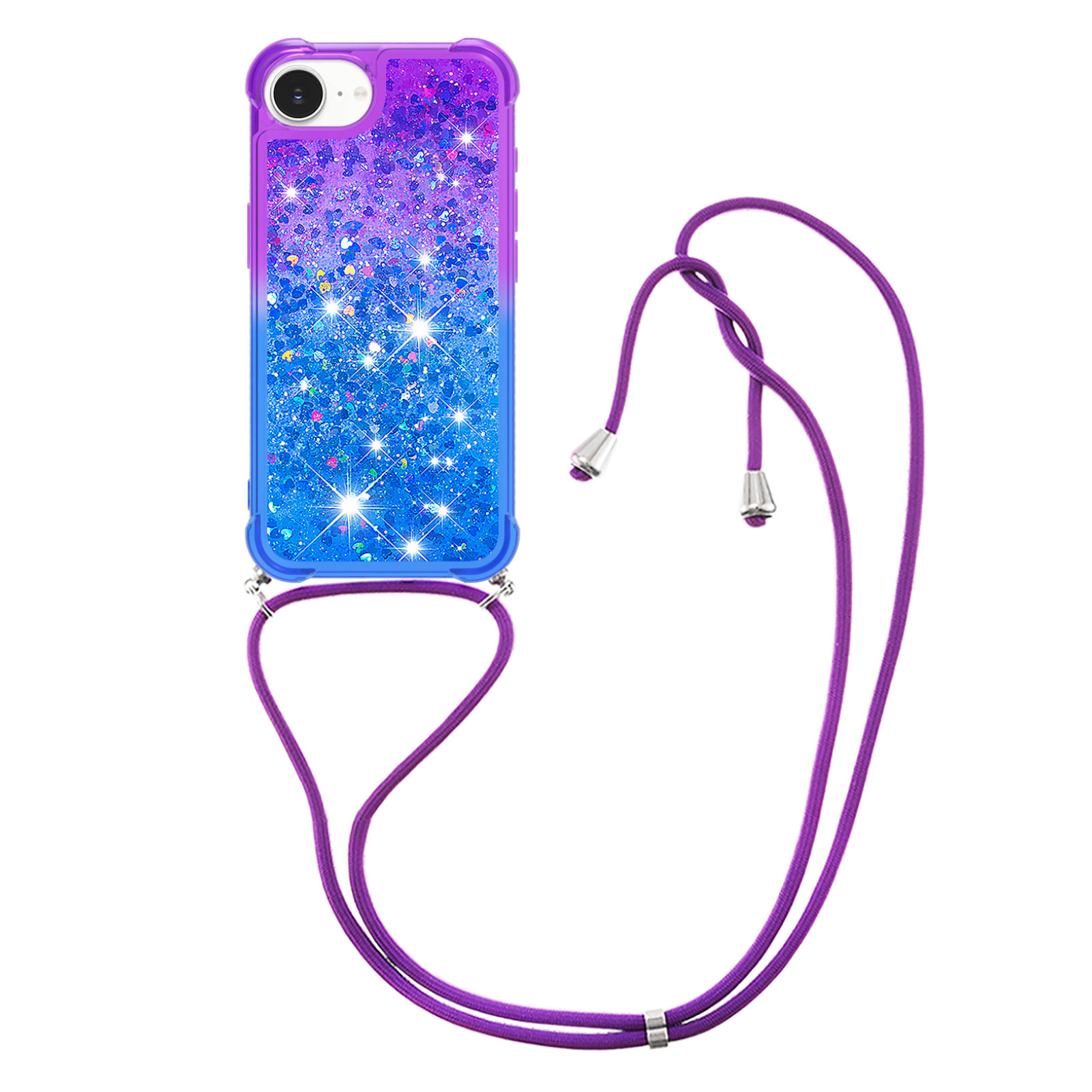 For iPhone 16e Phone Case Gradient Quicksand TPU Back Cover with Long Strap - Purple/Blue