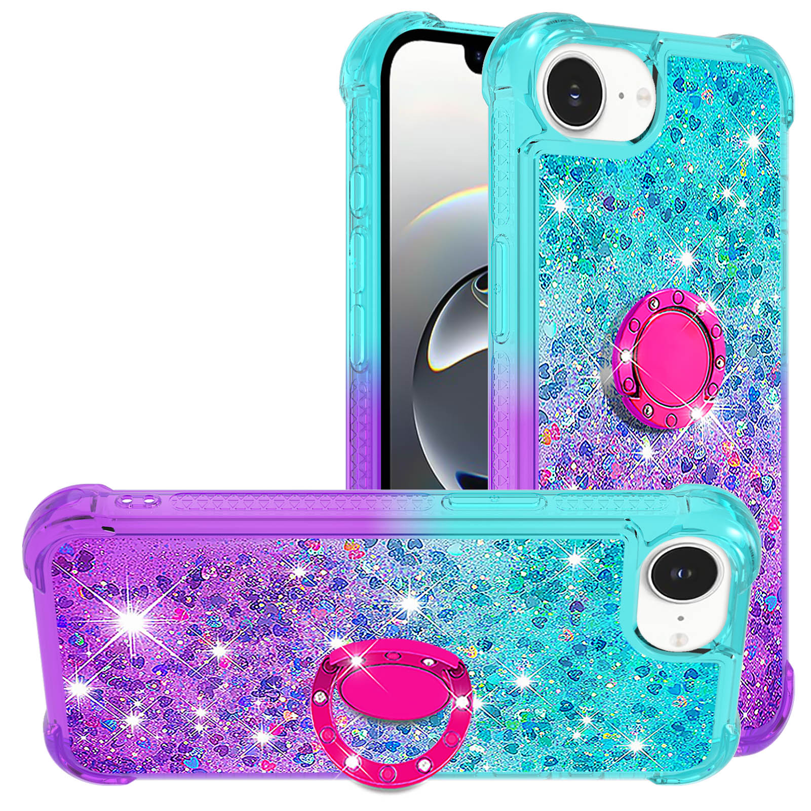 For iPhone 16e TPU Case with Kickstand Gradiant Quicksand Shockproof Cover - Sky Blue+Purple