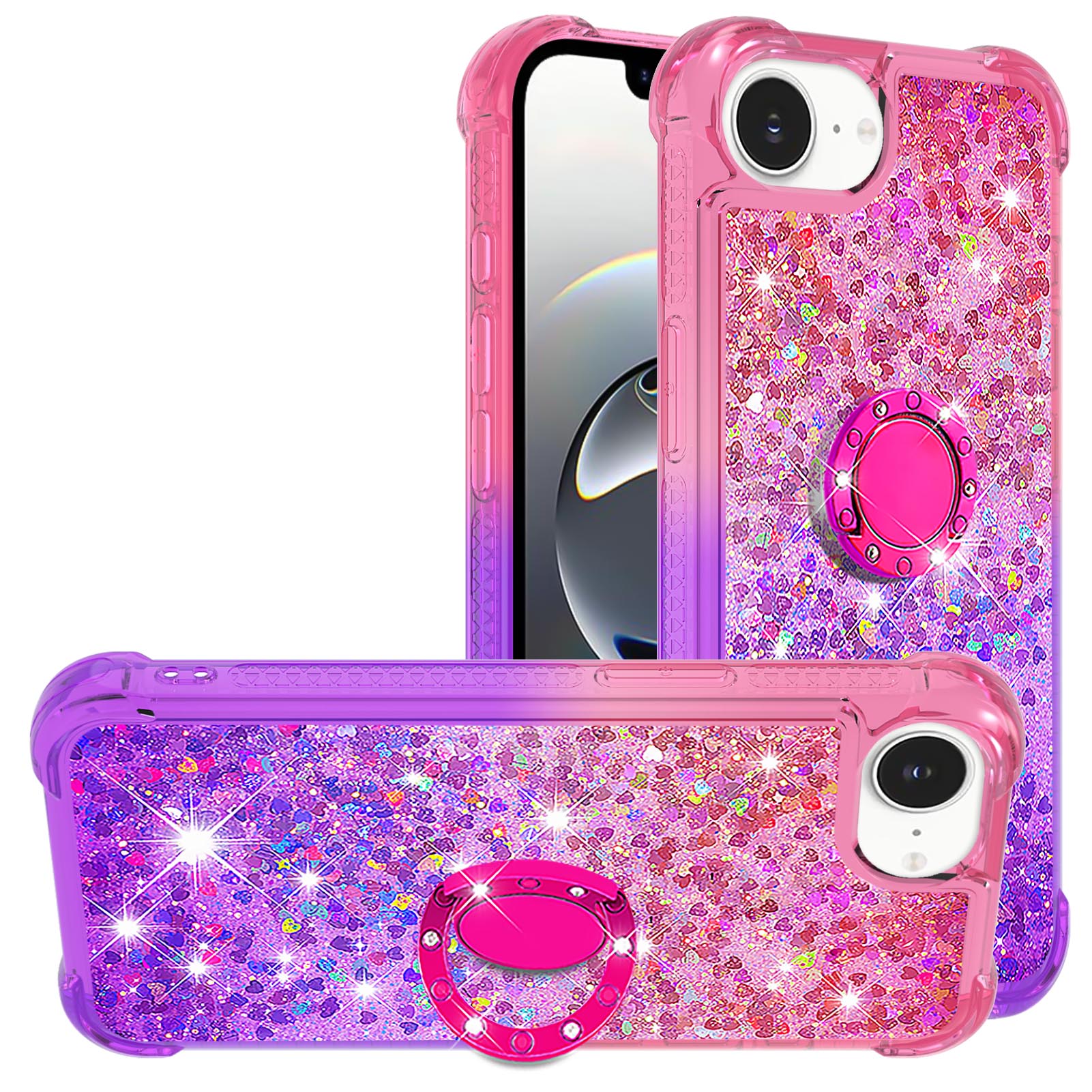 For iPhone 16e TPU Case with Kickstand Gradiant Quicksand Shockproof Cover - Pink+Purple