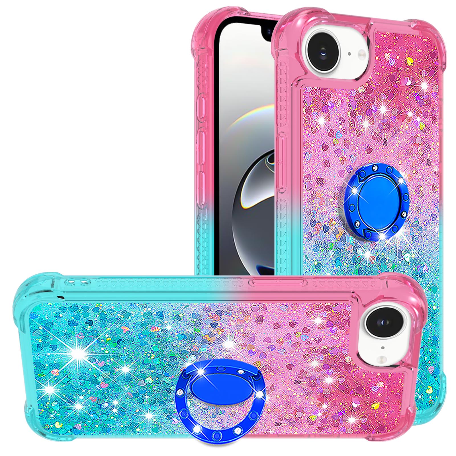 For iPhone 16e TPU Case with Kickstand Gradiant Quicksand Shockproof Cover - Pink+Sky Blue