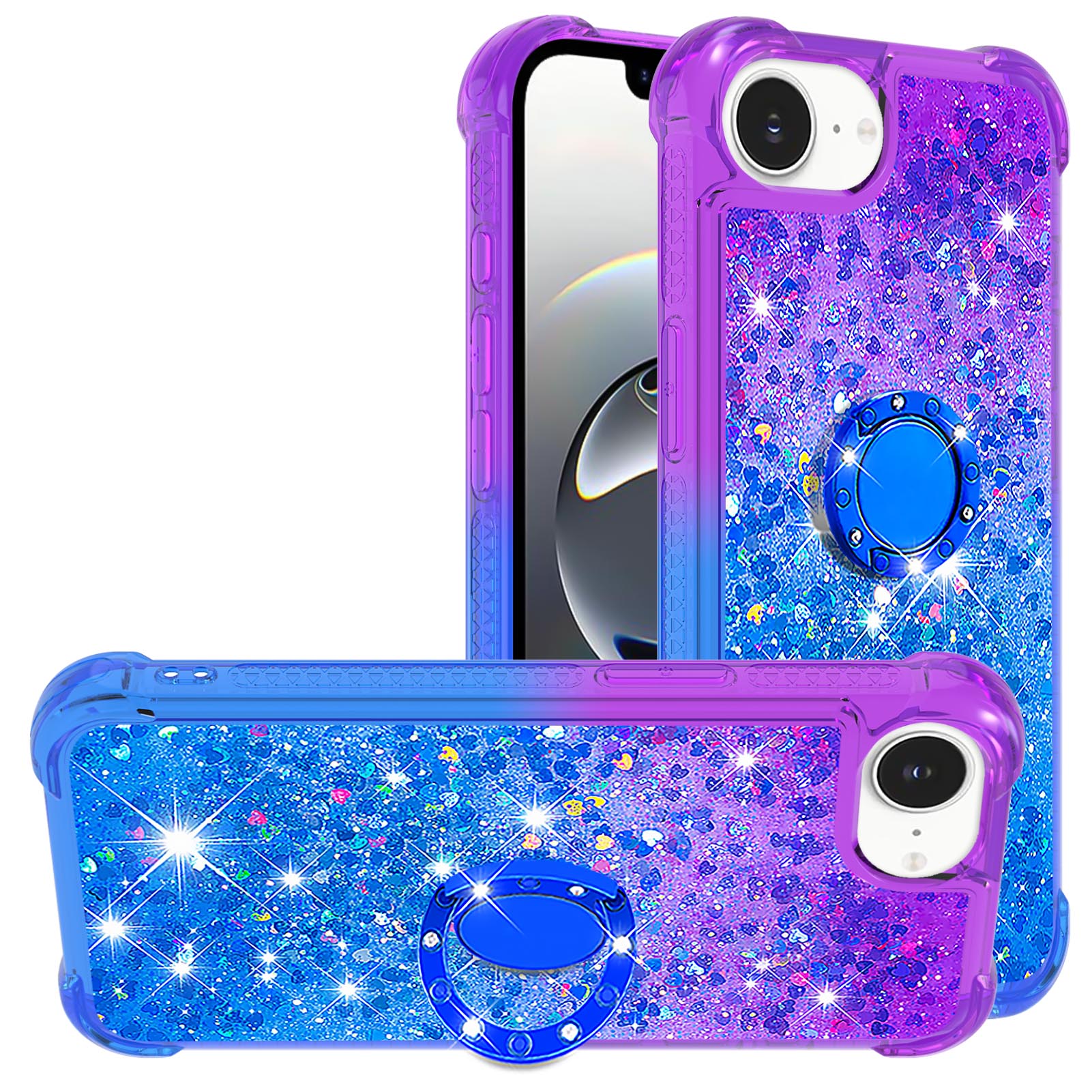 For iPhone 16e TPU Case with Kickstand Gradiant Quicksand Shockproof Cover - Purple+Sky Blue