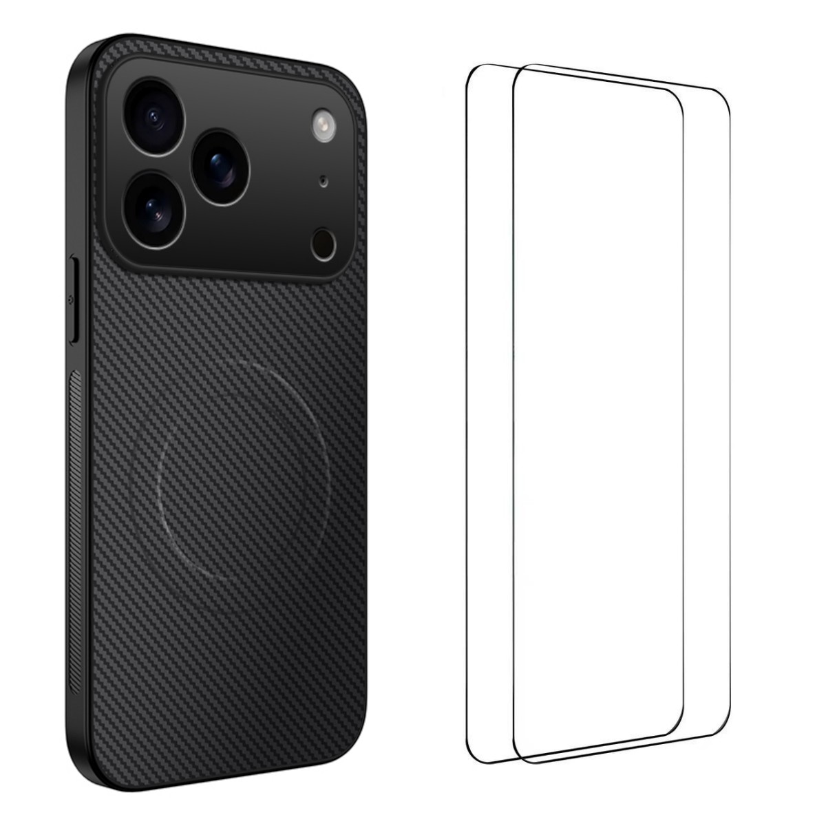 For iPhone 17 Pro Magnetic Case WANLONFENG TQ1 Series Carbon Fiber Texture PC TPU Phone Cover with 2Pcs Screen Films - Black