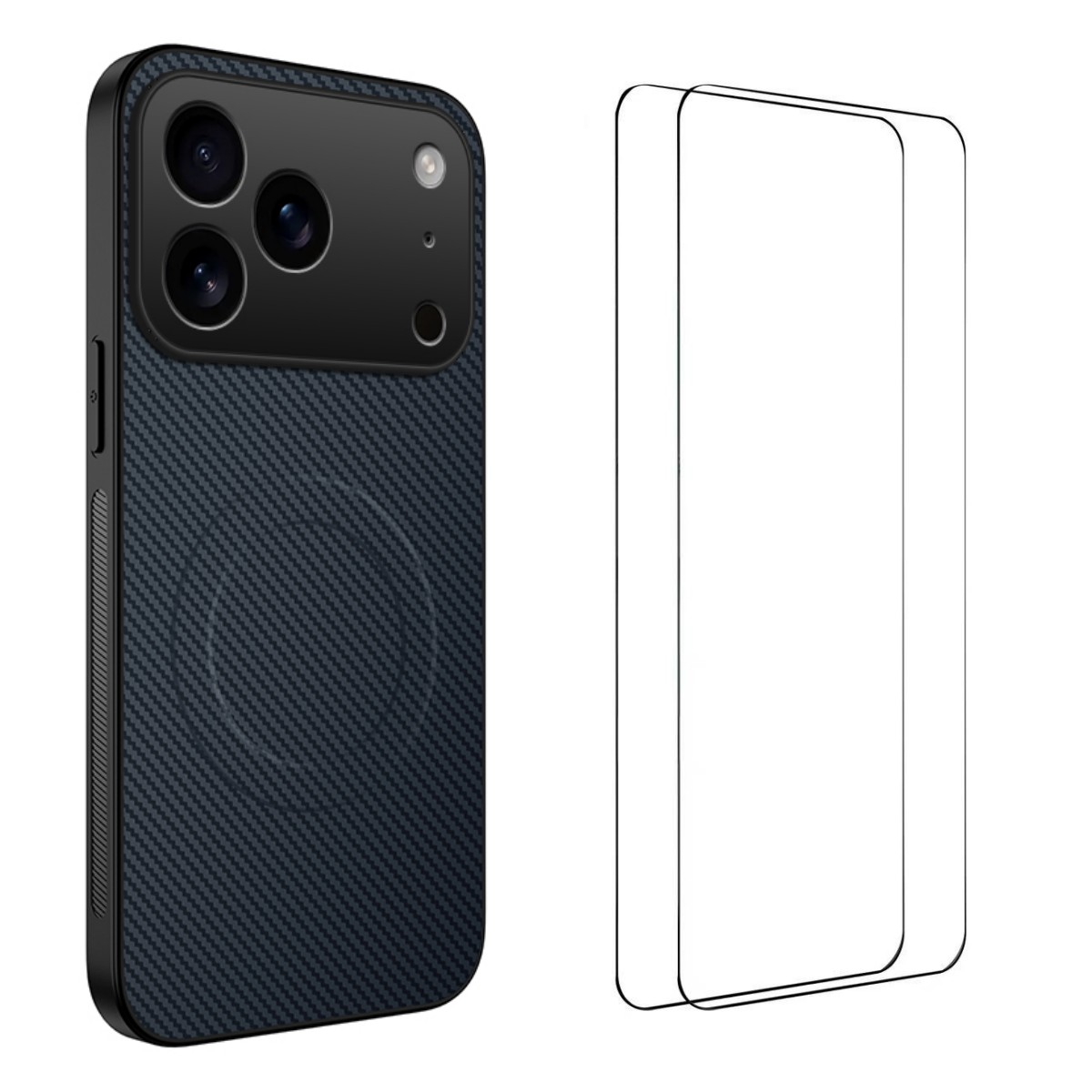 For iPhone 17 Pro Max Magnetic Case WANLONFENG TQ1 Series Carbon Fiber Texture PC TPU Phone Cover with 2Pcs Screen Films - Sapphire