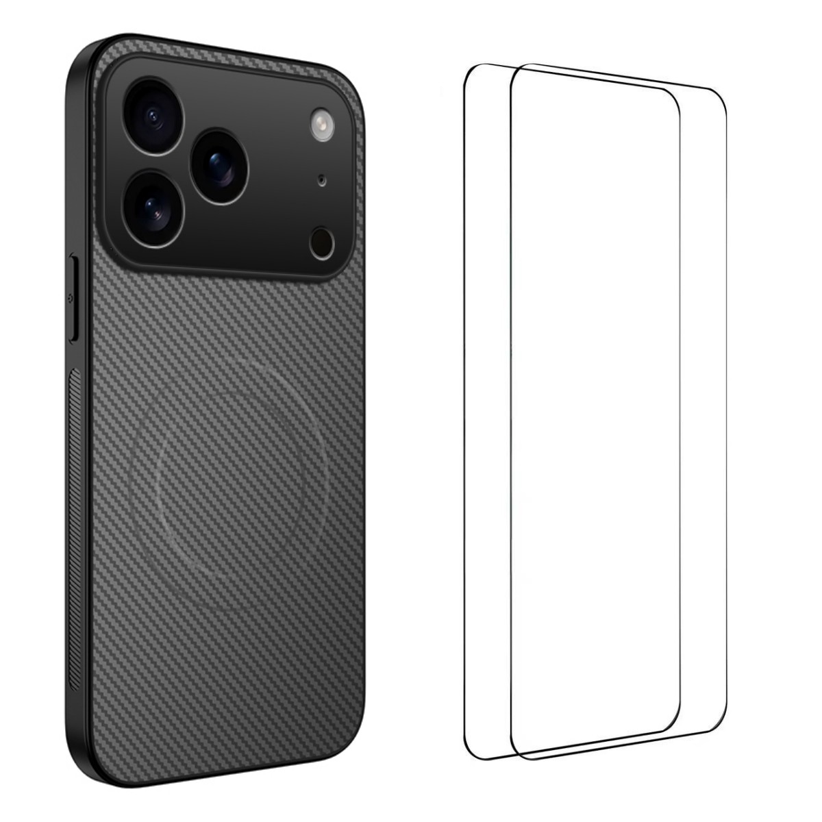 For iPhone 17 Pro Max Magnetic Case WANLONFENG TQ1 Series Carbon Fiber Texture PC TPU Phone Cover with 2Pcs Screen Films - Grey