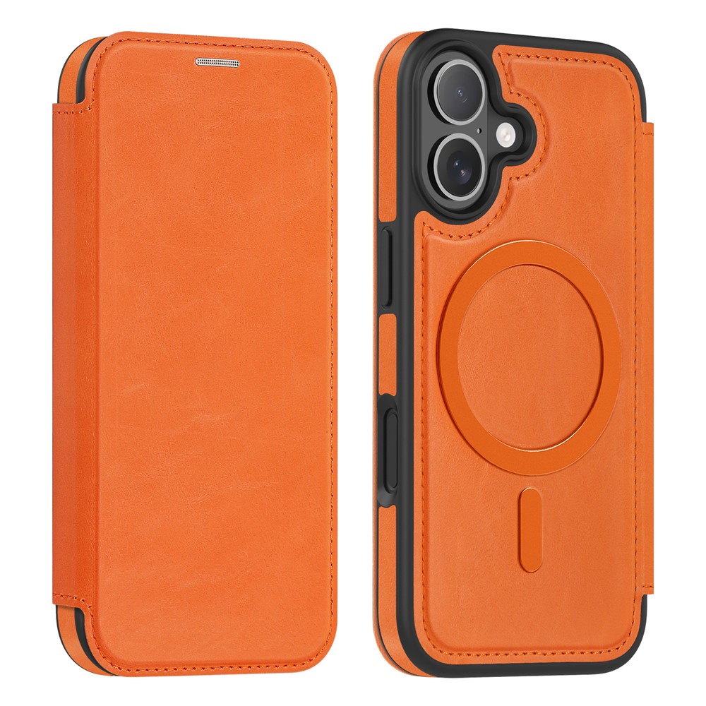 For iPhone 17 Case Compatible with MagSafe RFID Blocking Card Holder Leather Phone Cover - Orange