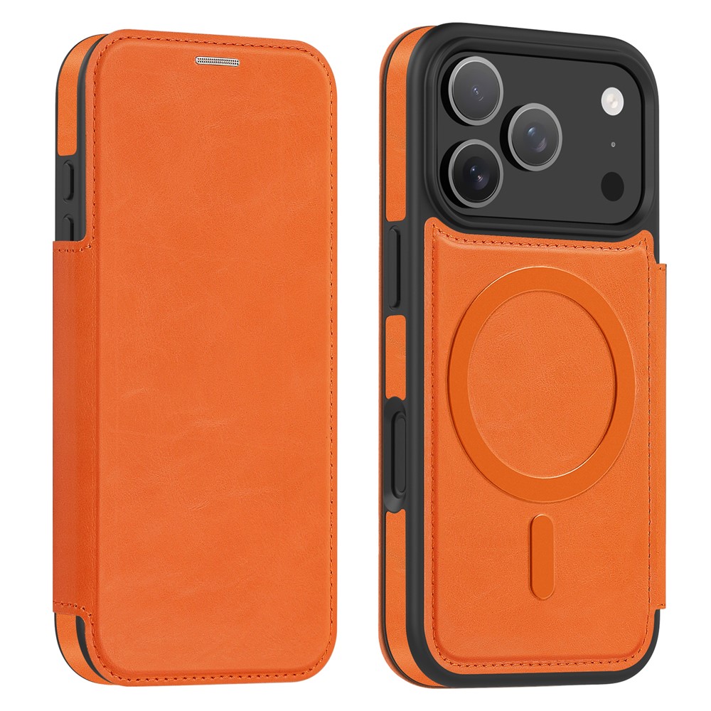 For iPhone 17 Pro Case Compatible with MagSafe RFID Blocking Card Holder Leather Phone Cover - Orange