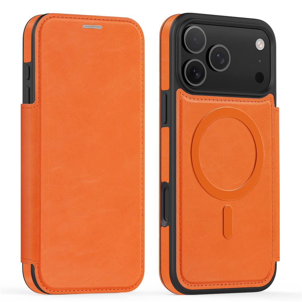For iPhone 17 Pro Max Case Compatible with MagSafe RFID Blocking Card Holder Leather Phone Cover - Orange