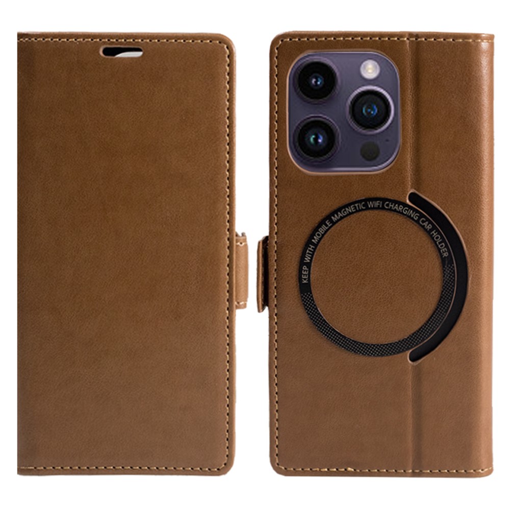 For iPhone 15 Pro Case Compatible with MagSafe Wallet Stand Leather Flip Phone Cover - Dark Brown