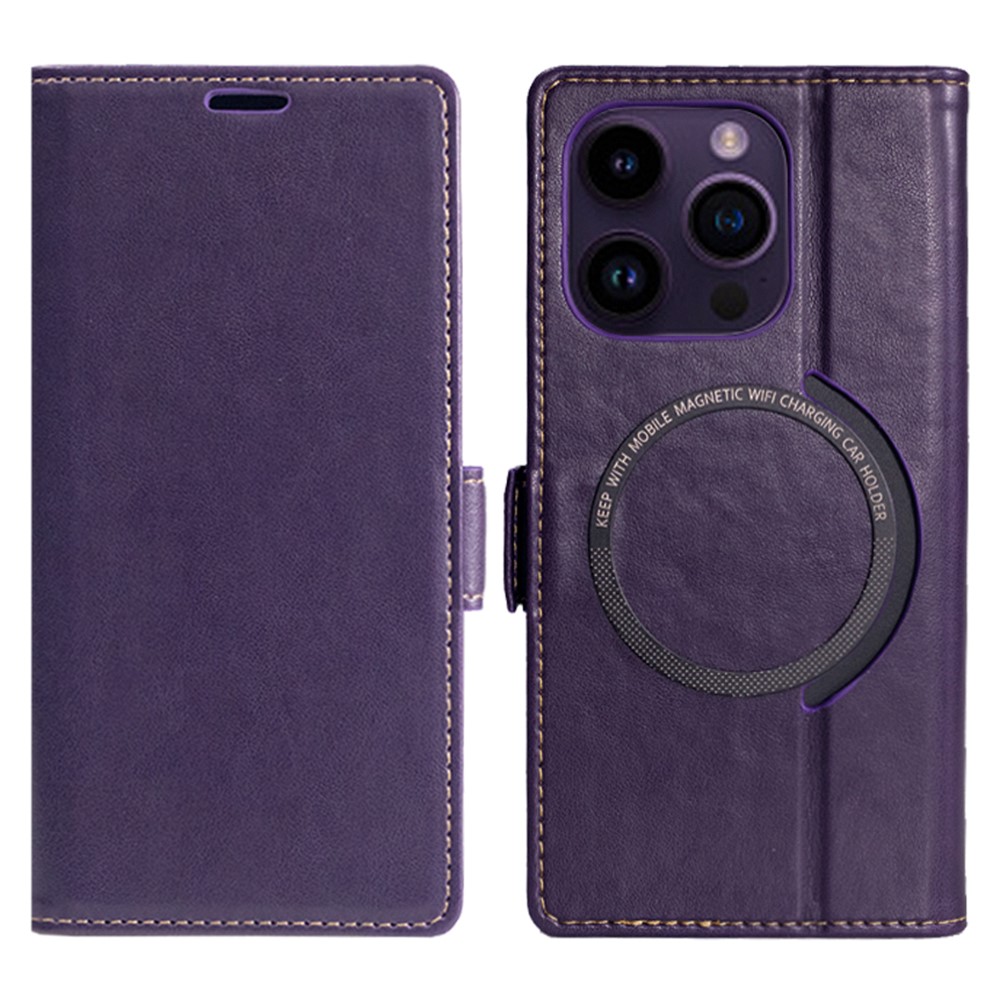 For iPhone 15 Pro Max Case Compatible with MagSafe Wallet Stand Leather Flip Phone Cover - Purple