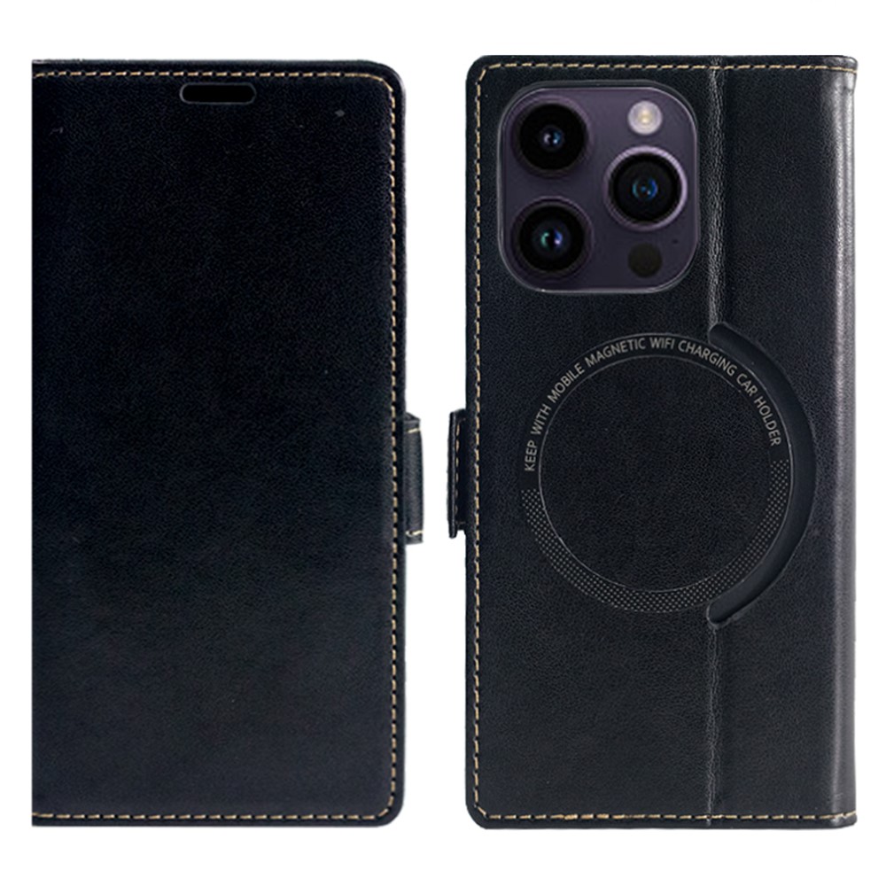 For iPhone 15 Pro Max Case Compatible with MagSafe Wallet Stand Leather Flip Phone Cover - Black
