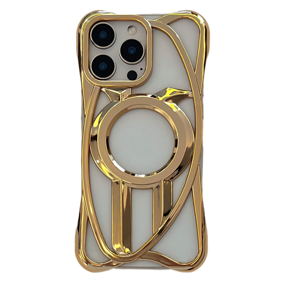 For iPhone 16 Pro Case Compatible with MagSafe Frameless Electroplated Hollow Design TPU Phone Cover - Gold