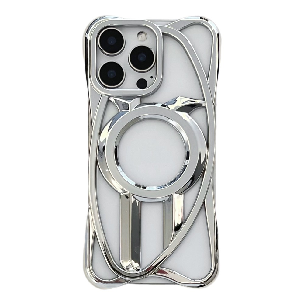 For iPhone 16 Pro Max Case Compatible with MagSafe Frameless Electroplated Hollow Design TPU Phone Cover - Silver
