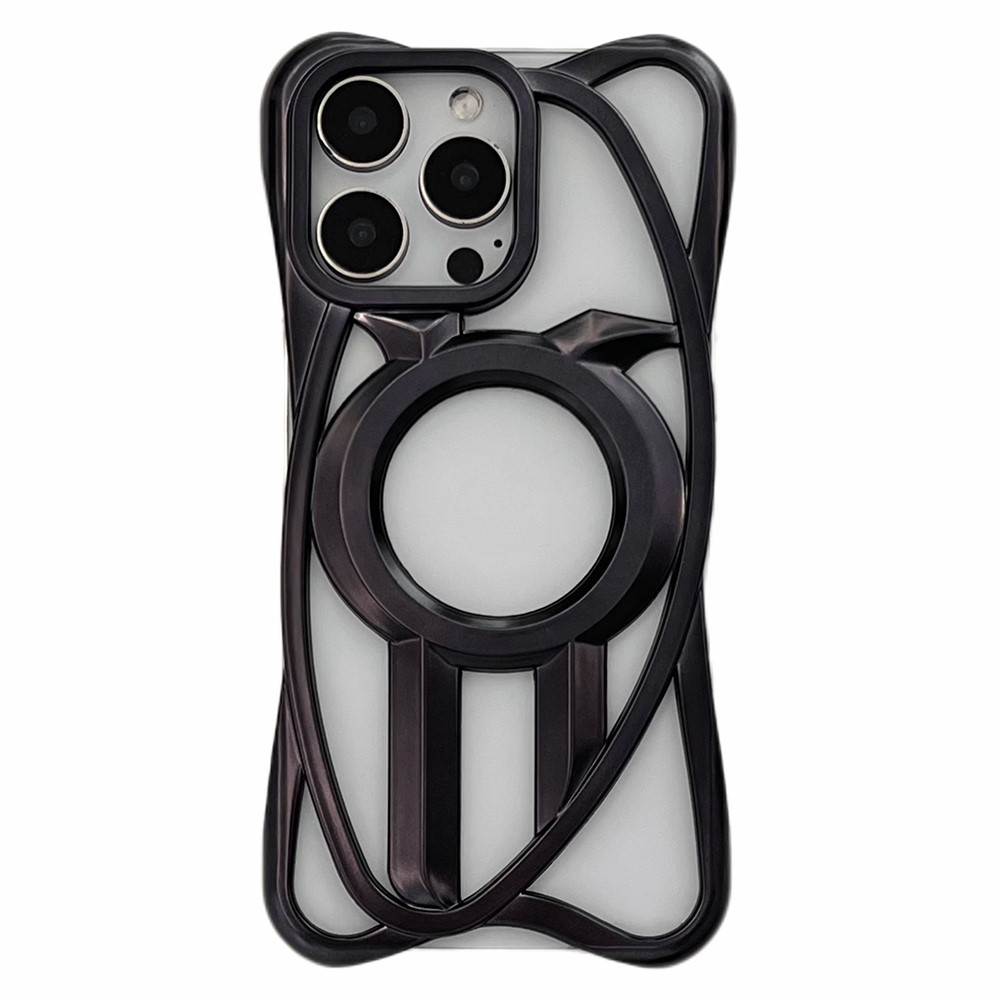 For iPhone 16 Pro Matte Case Compatible with MagSafe Frameless Electroplated Hollow Design TPU Phone Cover - Black