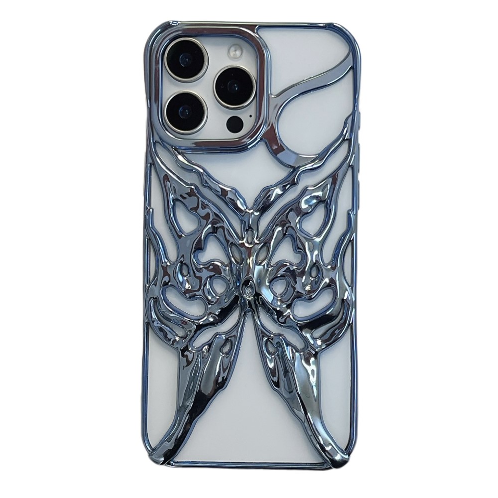 For iPhone 16 Pro Max Case Electroplated Hollow Butterfly Pattern Creative Design TPU Phone Cover - Blue