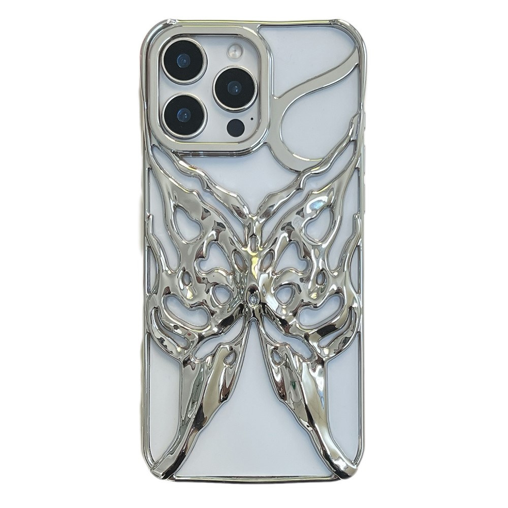 For iPhone 16 Pro Max Case Electroplated Hollow Butterfly Pattern Creative Design TPU Phone Cover - Silver
