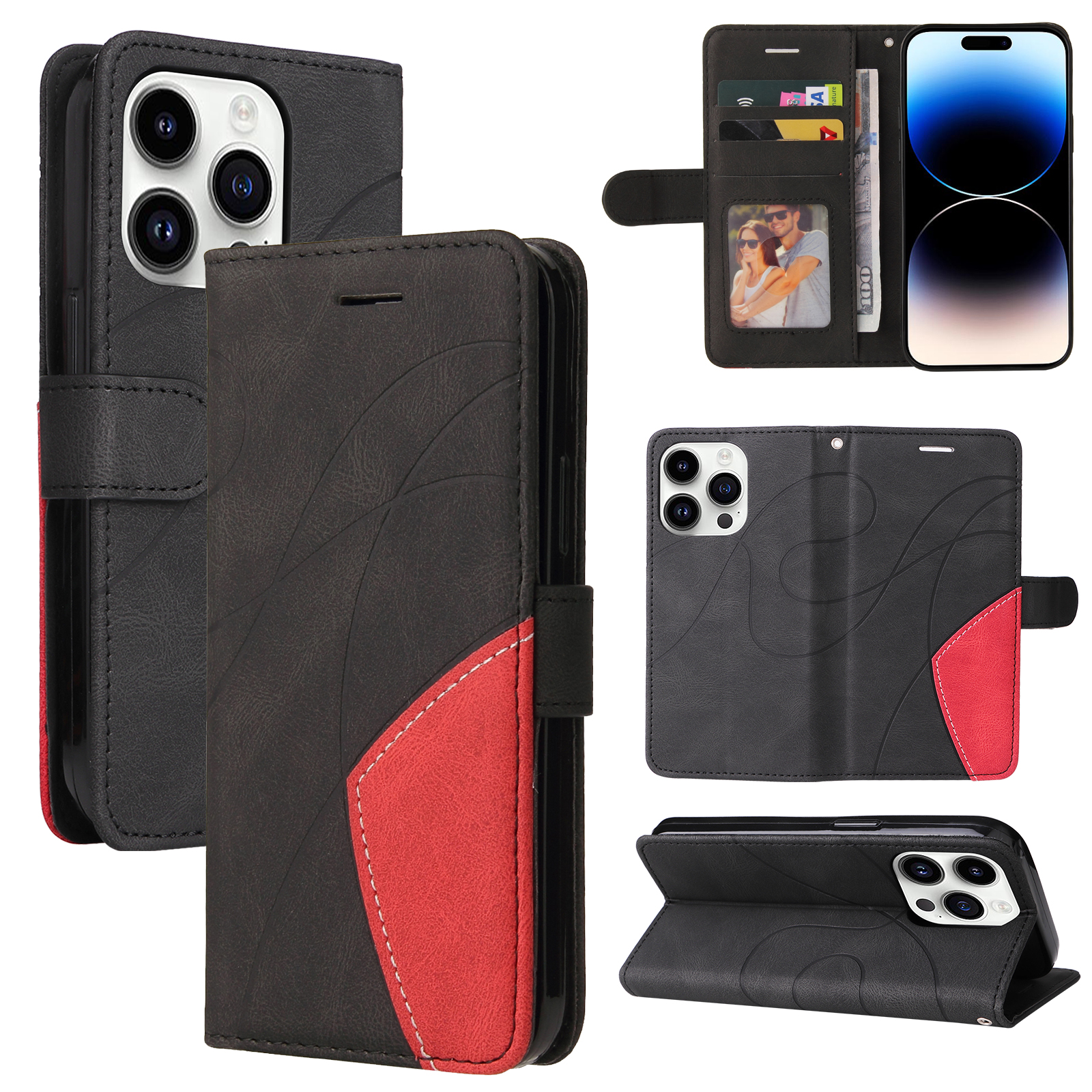 For iPhone 15 Pro Leather Phone Case Stand Wallet with Bi-colour Splicing Design - Black