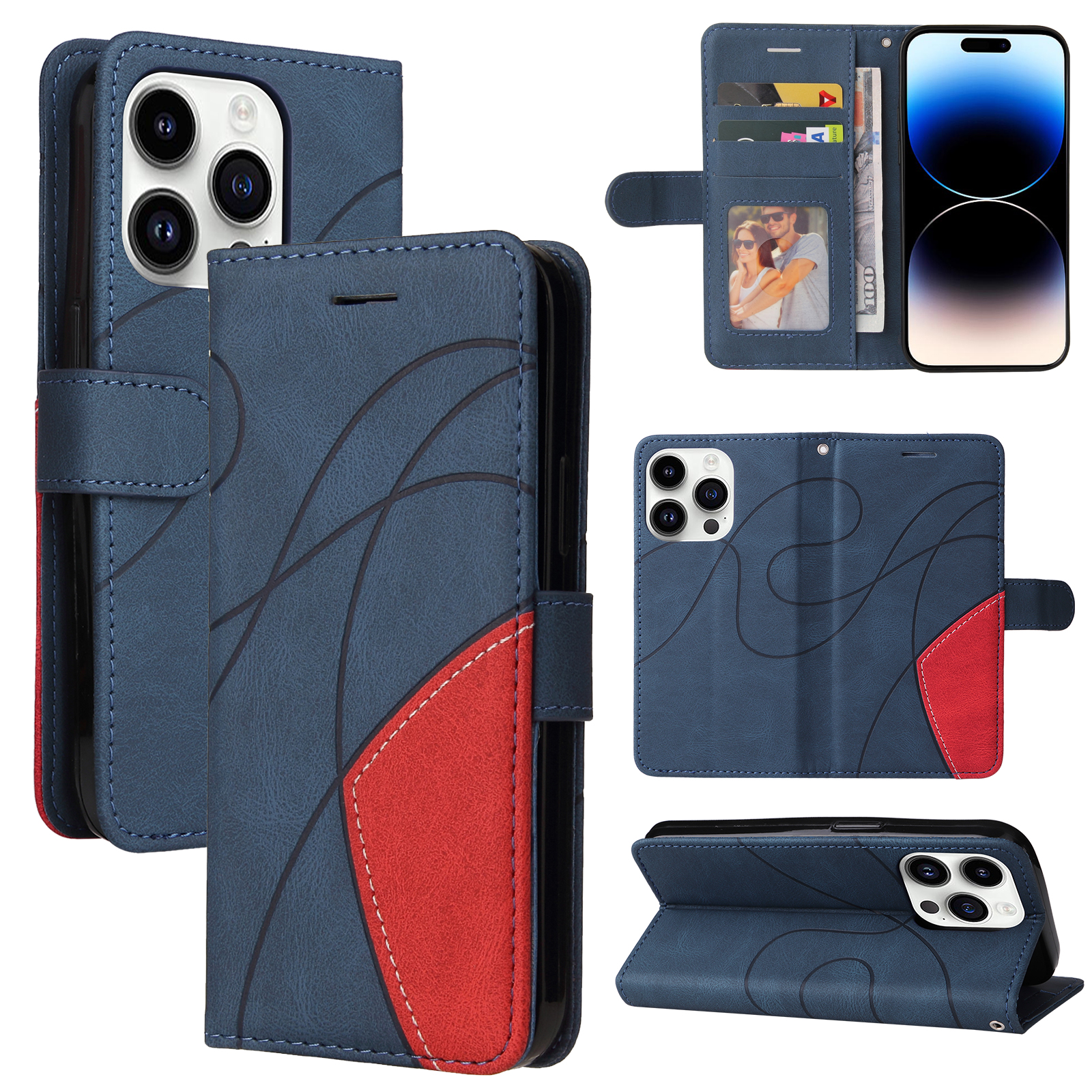 For iPhone 15 Pro Leather Phone Case Stand Wallet with Bi-colour Splicing Design - Blue