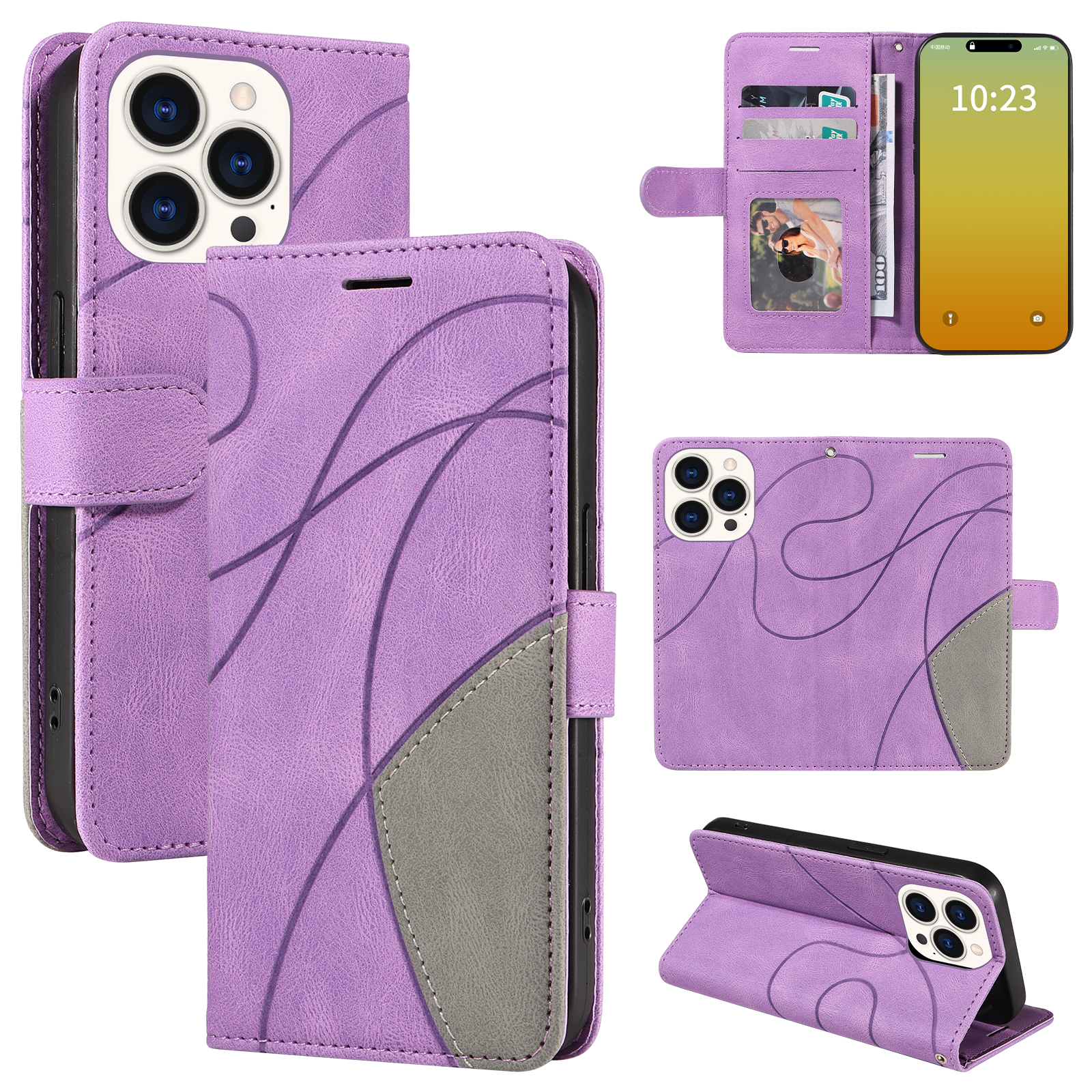 For iPhone 15 Pro Leather Phone Case Stand Wallet with Bi-colour Splicing Design - Purple