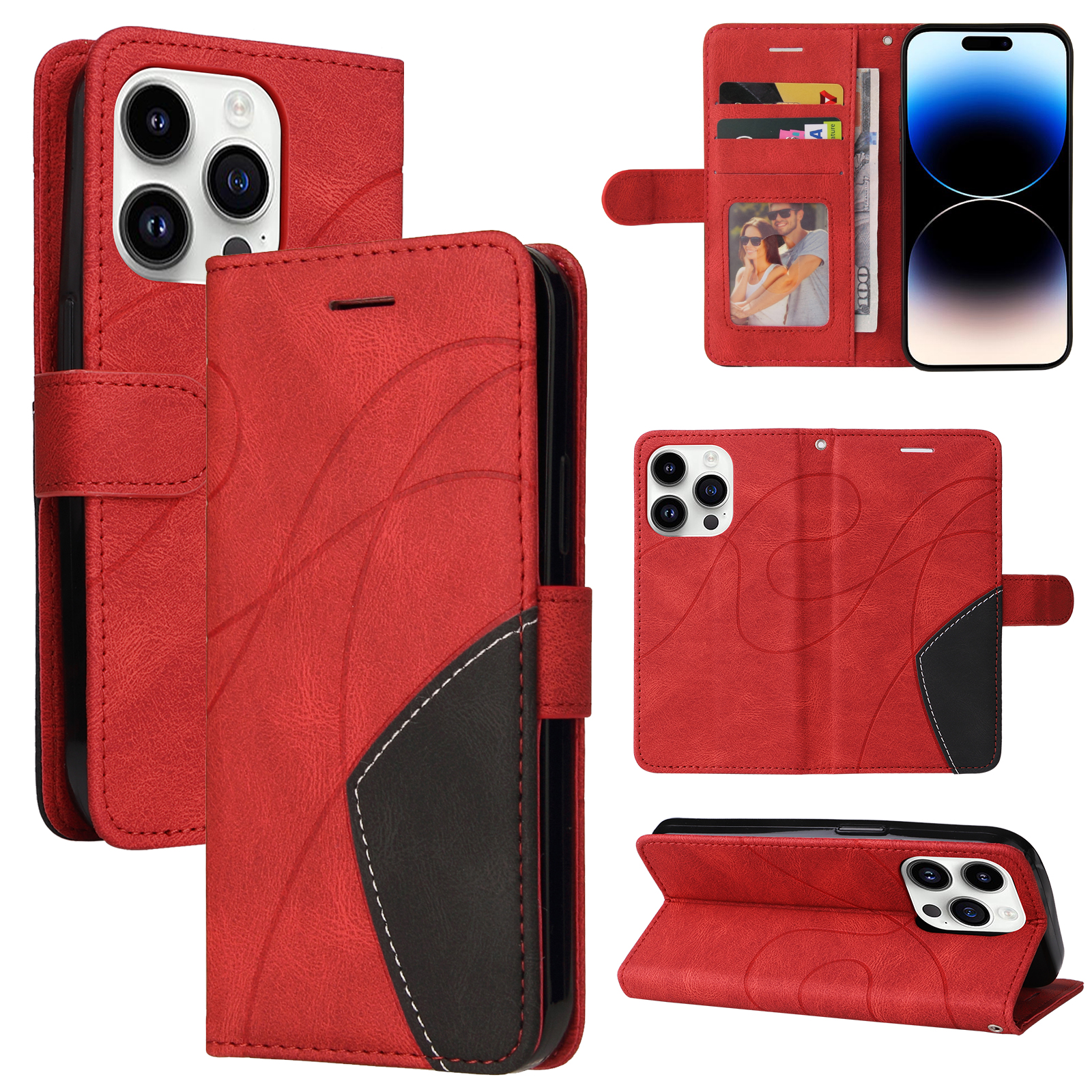 For iPhone 15 Pro Leather Phone Case Stand Wallet with Bi-colour Splicing Design - Red