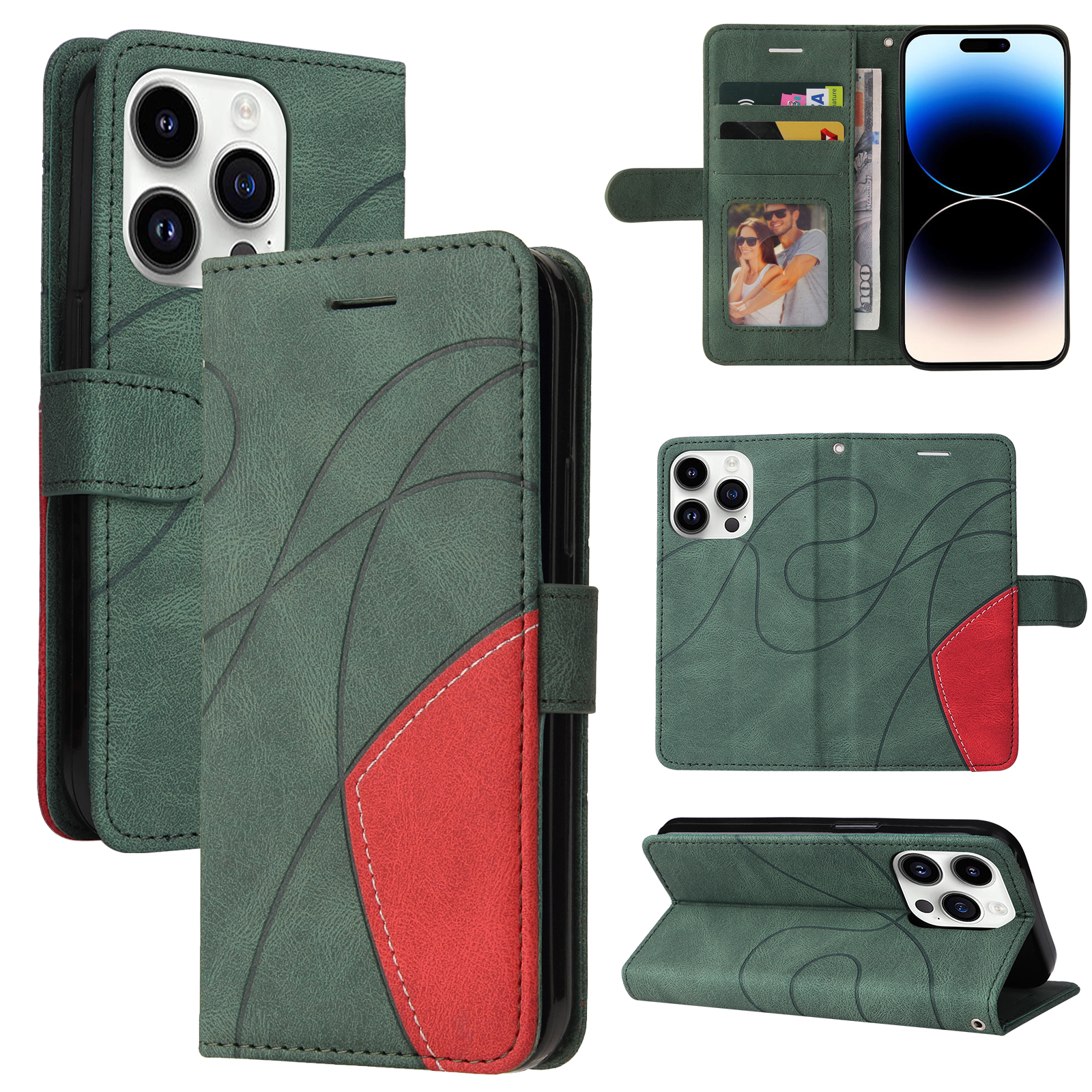 For iPhone 15 Pro Leather Phone Case Stand Wallet with Bi-colour Splicing Design - Green