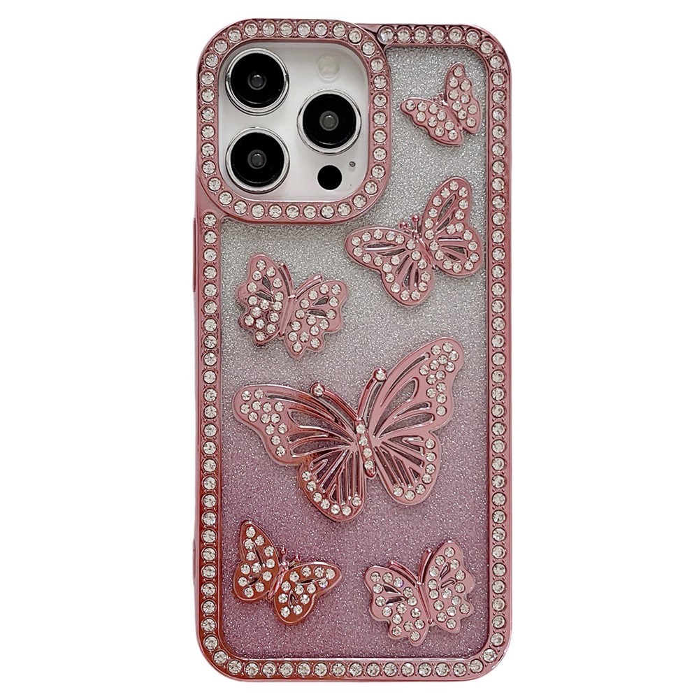For iPhone 15 Pro Case Rhinestone Butterfly Decor Soft TPU Phone Cover - Pink