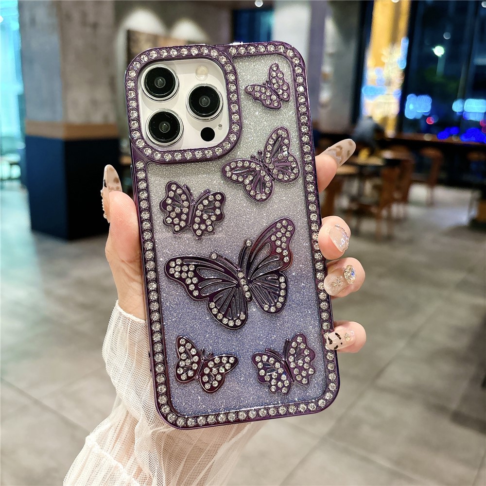 For iPhone 15 Pro Case Rhinestone Butterfly Decor Soft TPU Phone Cover - Purple