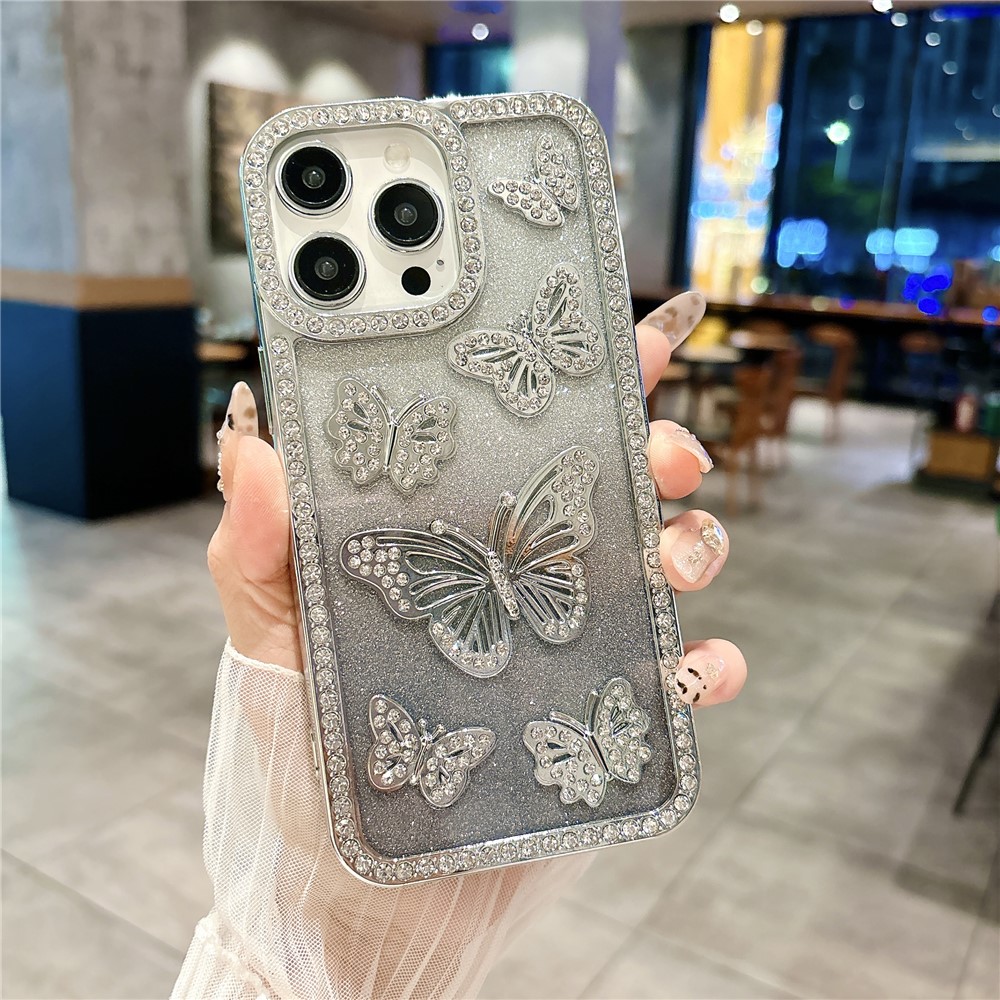 For iPhone 15 Pro Case Rhinestone Butterfly Decor Soft TPU Phone Cover - Silver