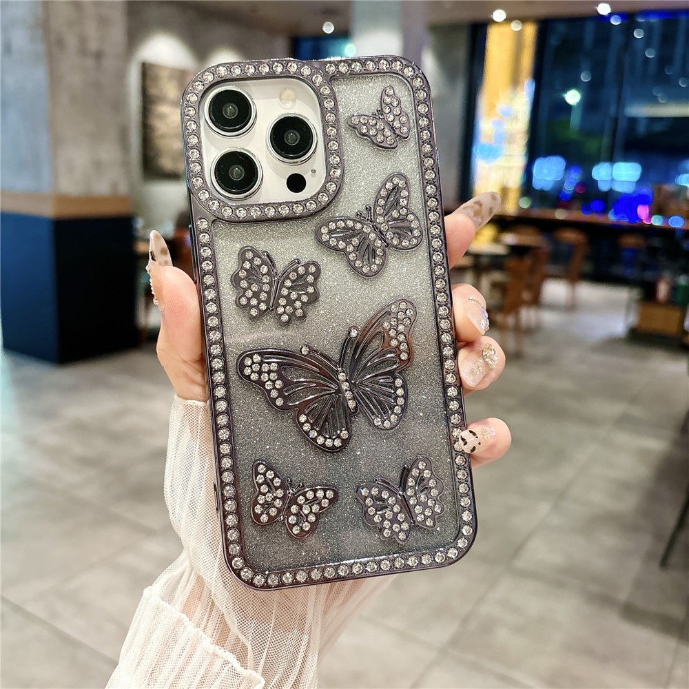 For iPhone 15 Pro Case Rhinestone Butterfly Decor Soft TPU Phone Cover - Black