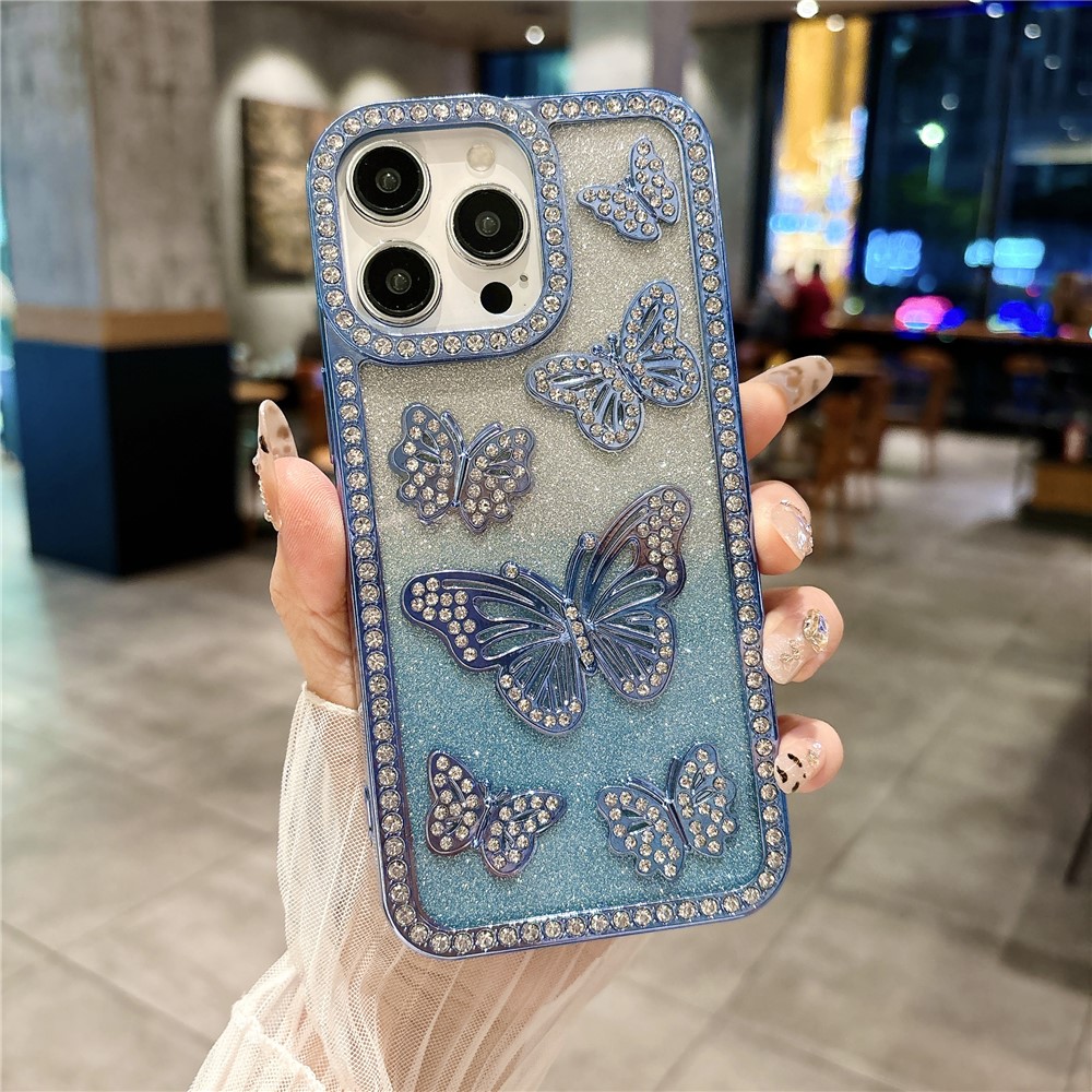 For iPhone 15 Pro Max Case Rhinestone Butterfly Decor Soft TPU Phone Cover - Blue