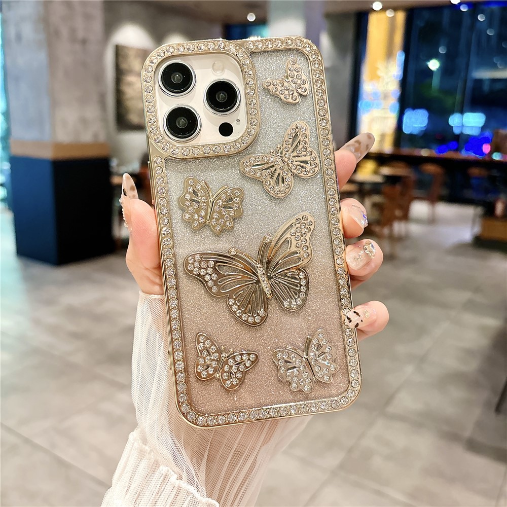 For iPhone 15 Pro Max Case Rhinestone Butterfly Decor Soft TPU Phone Cover - Gold