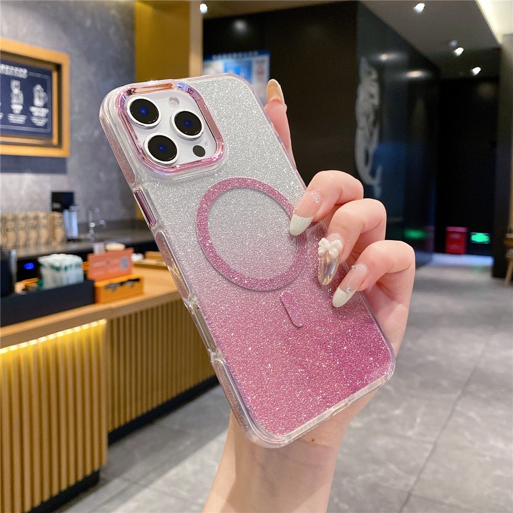 For iPhone 16 Pro Case TPU + Acrylic Glitter Magnetic Phone Cover Compatible with MagSafe - Pink