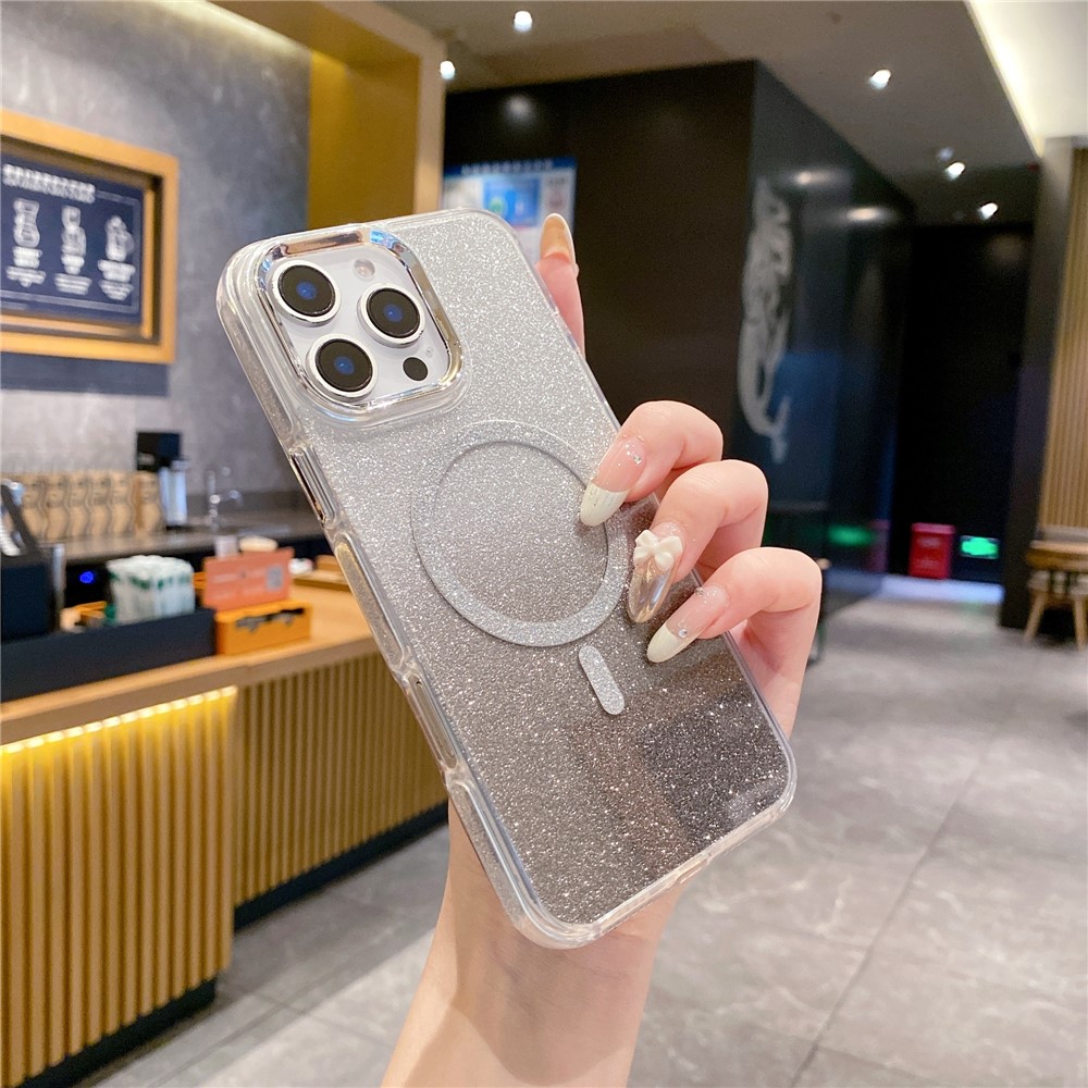 For iPhone 16 Pro Max Case TPU + Acrylic Glitter Magnetic Phone Cover Compatible with MagSafe - Silver