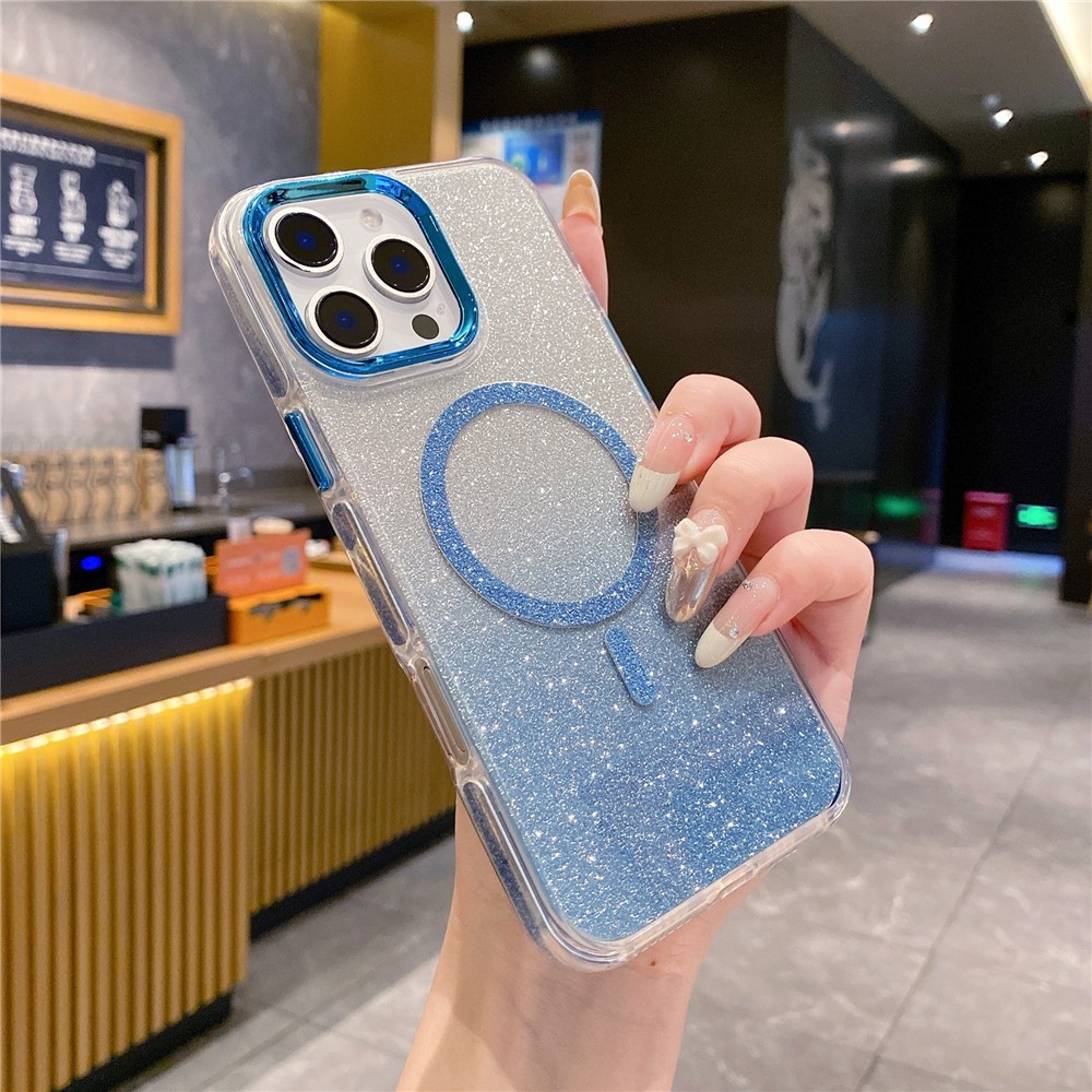 For iPhone 16 Pro Max Case TPU + Acrylic Glitter Magnetic Phone Cover Compatible with MagSafe - Blue