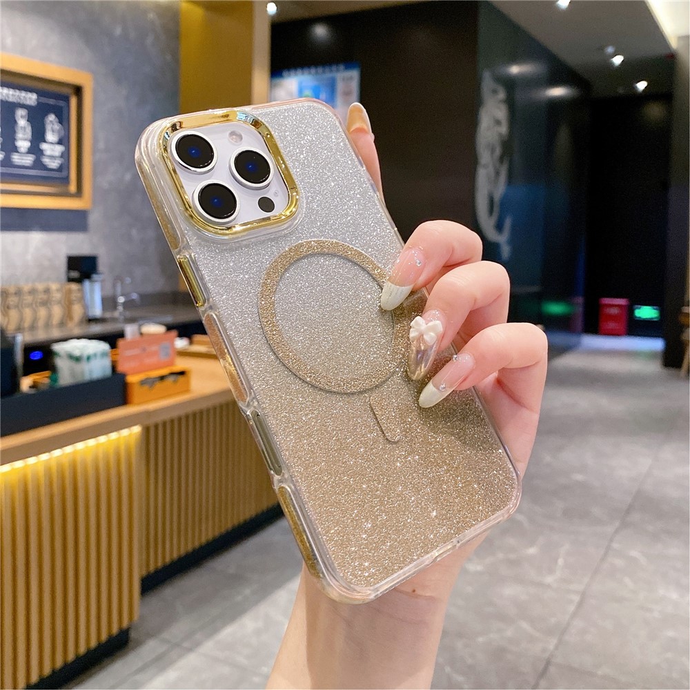 For iPhone 16 Pro Max Case TPU + Acrylic Glitter Magnetic Phone Cover Compatible with MagSafe - Gold