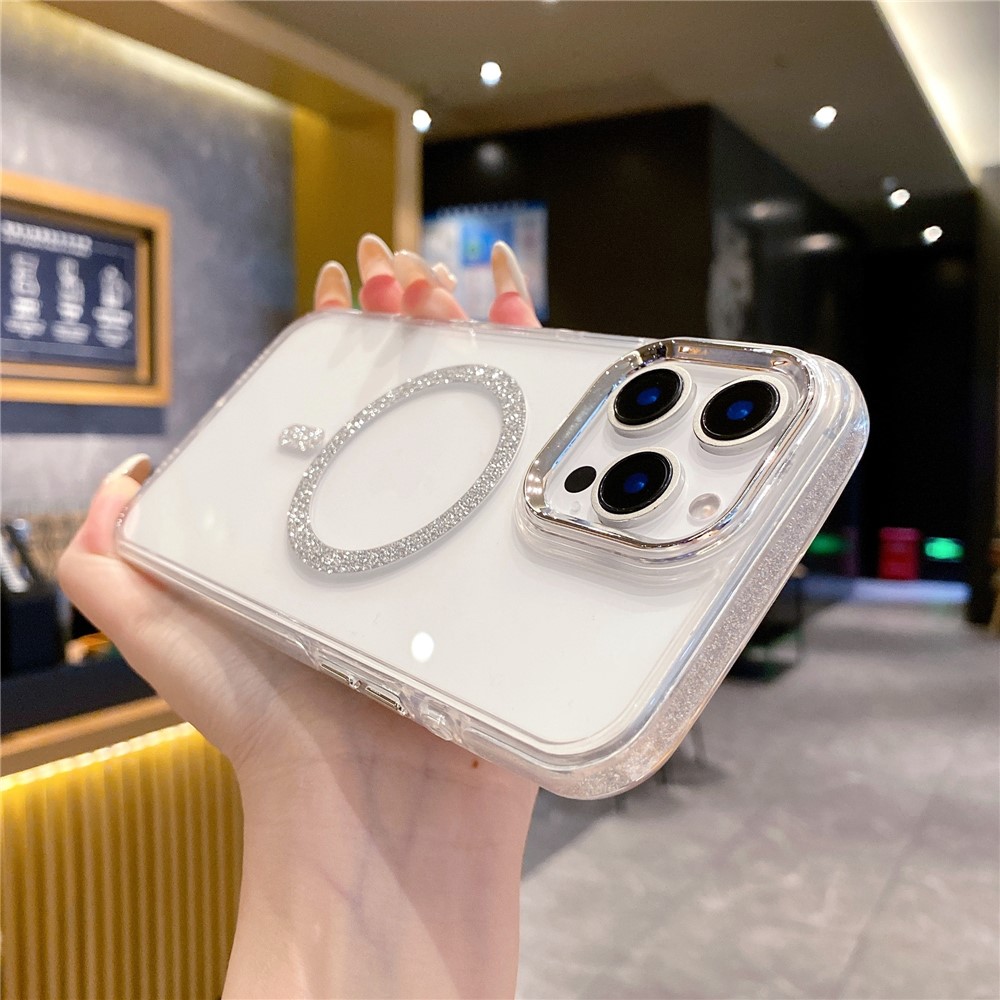 For iPhone 16 Pro Clear Case TPU + Acrylic Glitter Phone Cover Compatible with MagSafe - Silver