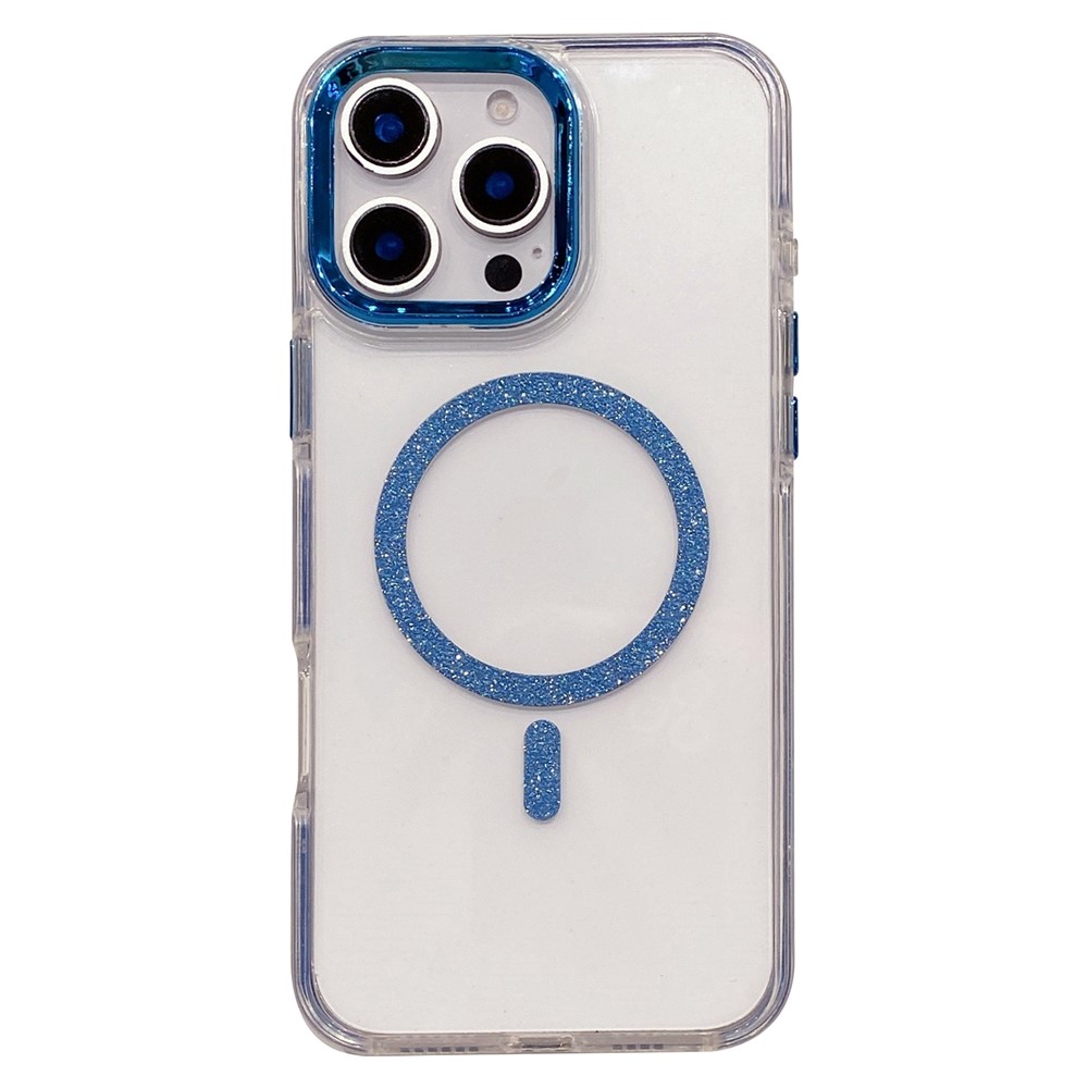 For iPhone 16 Pro Max Clear Case TPU + Acrylic Glitter Phone Cover Compatible with MagSafe - Blue