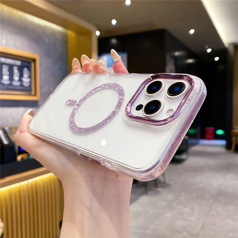 For iPhone 16 Pro Max Clear Case TPU + Acrylic Glitter Phone Cover Compatible with MagSafe - Purple