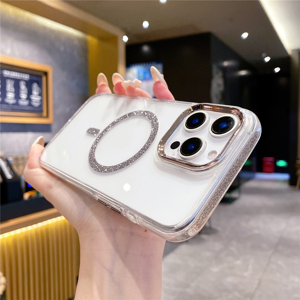 For iPhone 16 Pro Max Clear Case TPU + Acrylic Glitter Phone Cover Compatible with MagSafe - Black