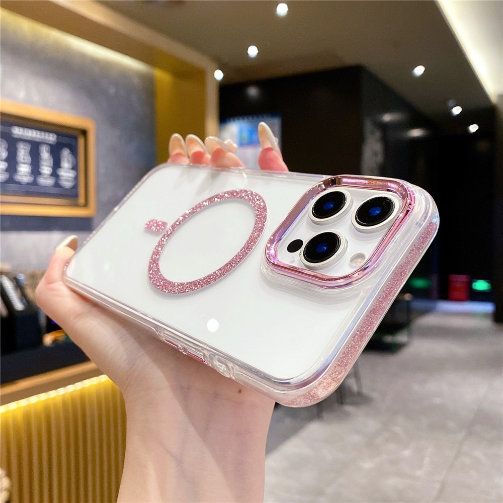 For iPhone 16 Pro Max Clear Case TPU + Acrylic Glitter Phone Cover Compatible with MagSafe - Pink