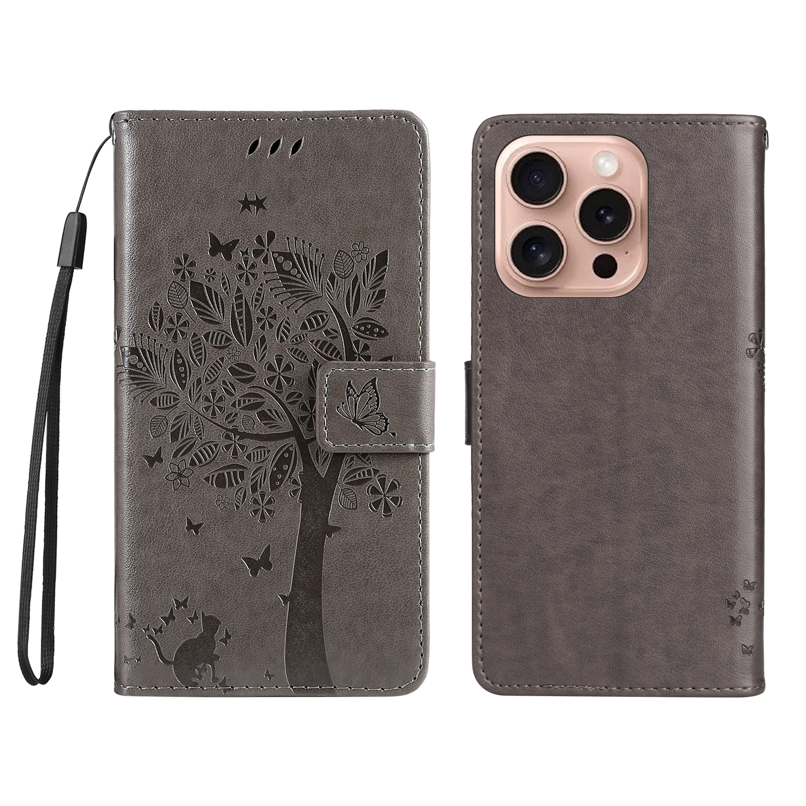 For iPhone 16 Pro Phone Case with Stand Cat Tree Pattern Leather Wallet Mobile Cover - Grey