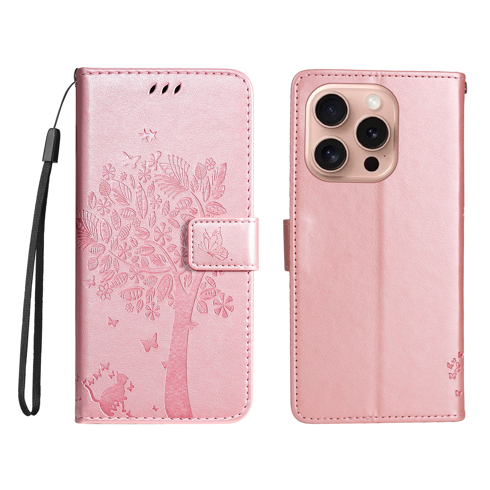For iPhone 16 Pro Phone Case with Stand Cat Tree Pattern Leather Wallet Mobile Cover - Rose Gold