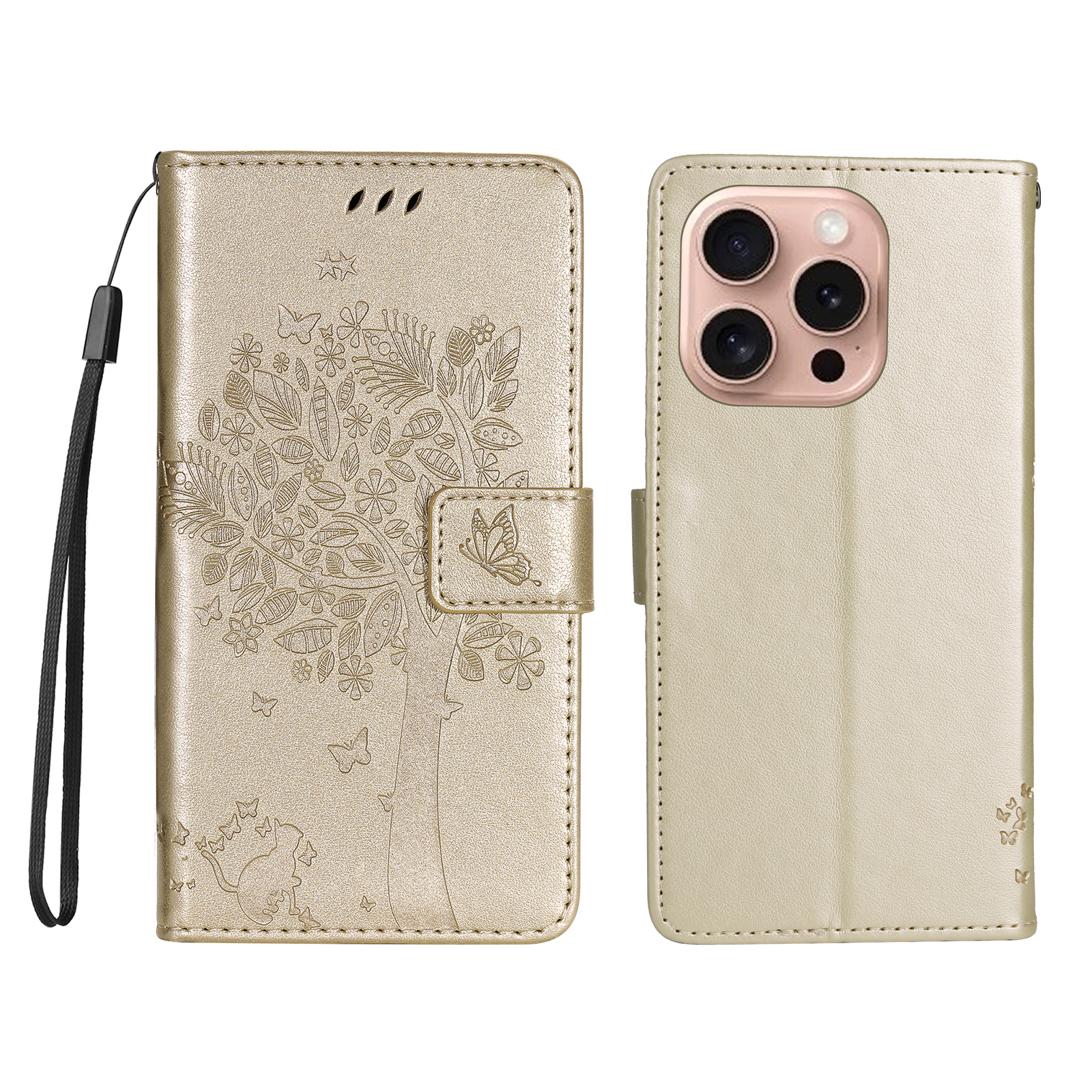 For iPhone 16 Pro Phone Case with Stand Cat Tree Pattern Leather Wallet Mobile Cover - Gold